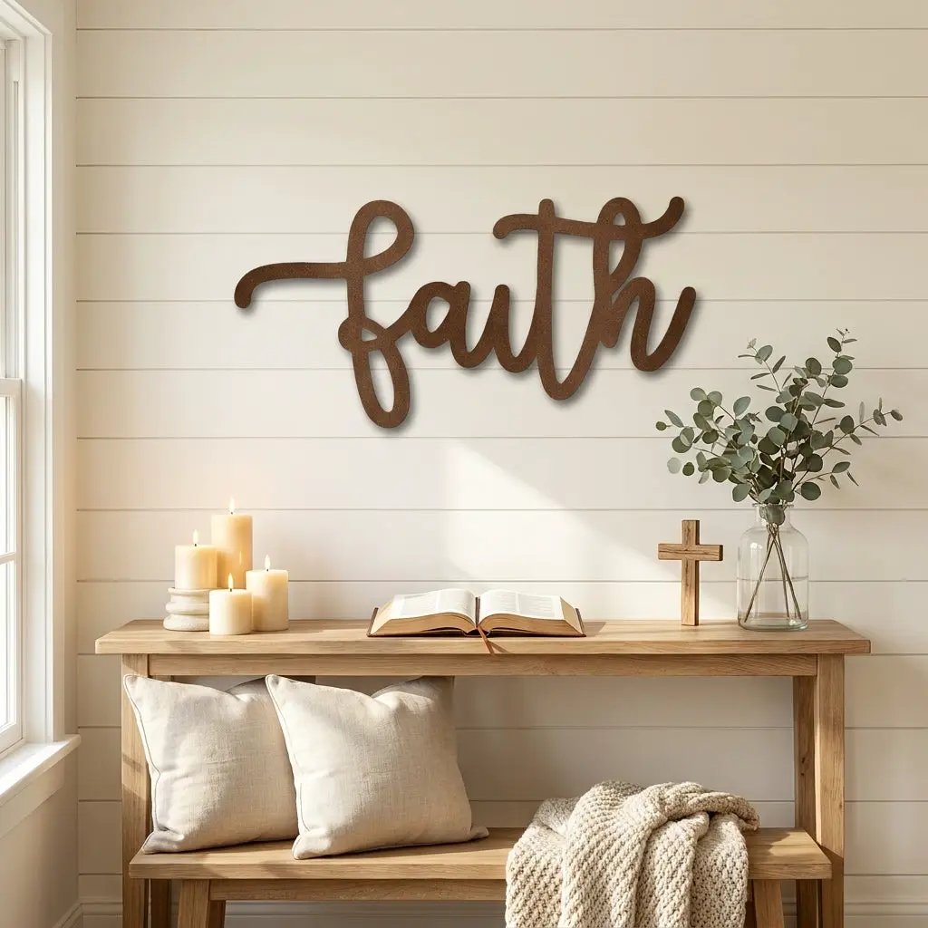 Faith Script Metal Wall Art – Christian Home Decor – Inspirational Metal Sign – Minimalist Religious Wall Decor