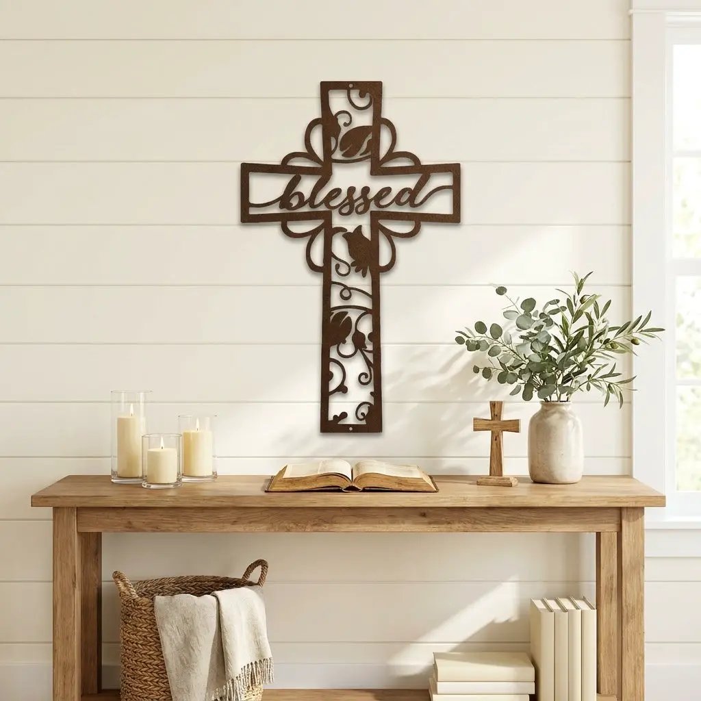 Blessed Cross Metal Wall Art | Christian Floral Cross Decor | Inspirational Faith Wall Hanging