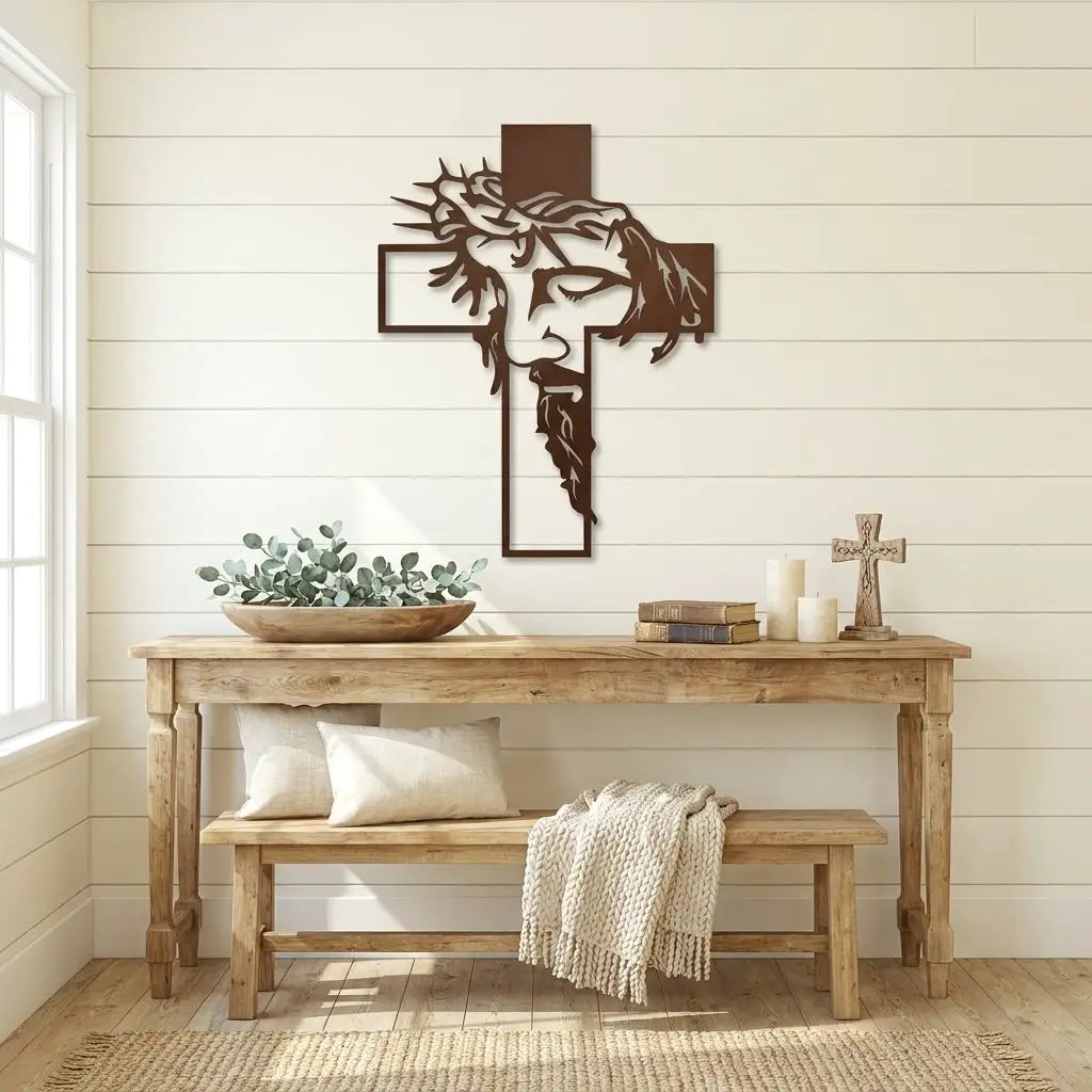 Jesus Crown of Thorns Steel Cross Sign Christian Metal Wall Decor Made in USA