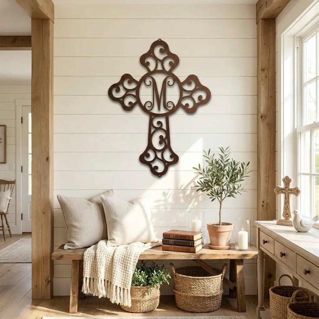 Personalized Initial Cross Metal Wall Art | Custom Monogram Christian Cross Decor | Ornate Faith Wall Hanging