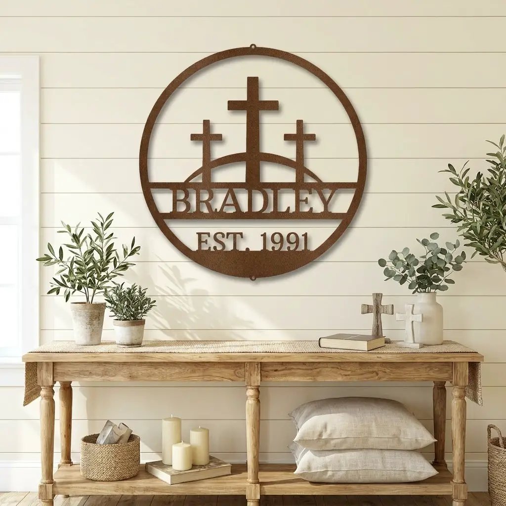 Personalized Three Crosses Metal Wall Art | Christian Family Name Sign | Faith Based Farmhouse Decor