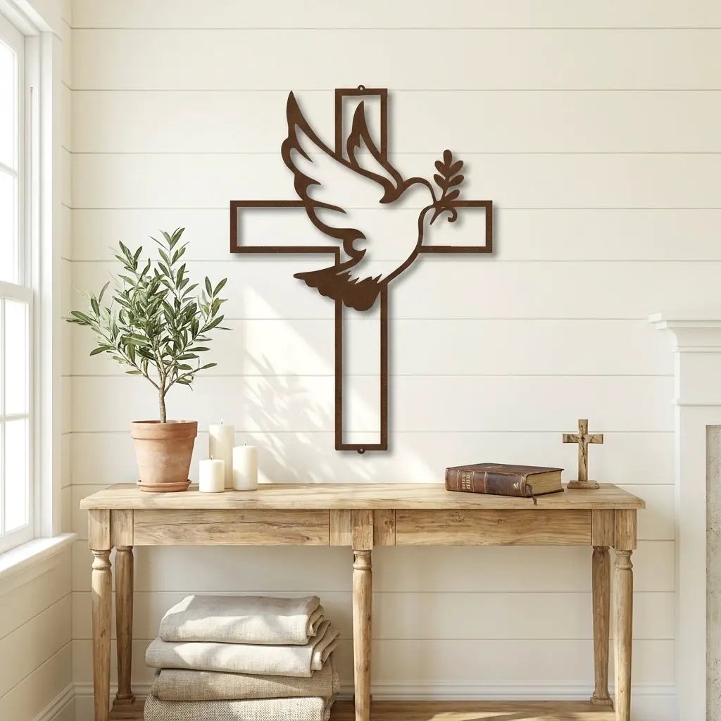 Dove Cross Metal Wall Art | Christian Holy Spirit Decor | Inspirational Religious Wall Hanging