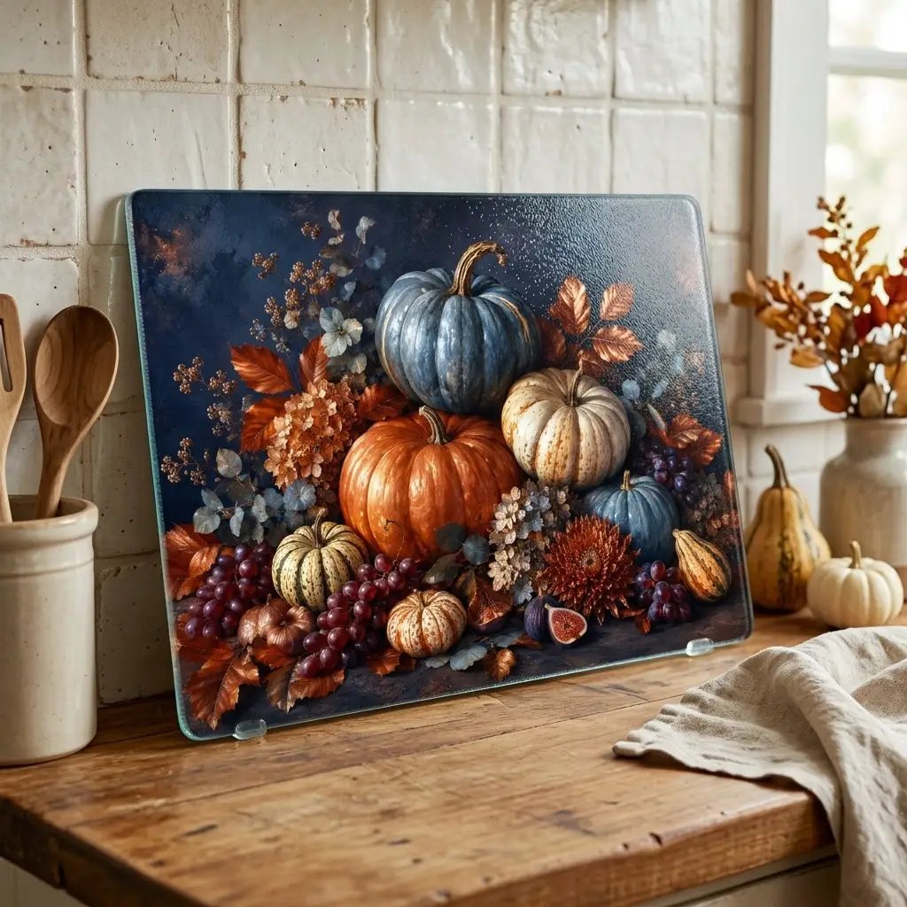 Blue Pumpkin Glass Cutting Board, Elegant Fall Kitchen Decor, Autumn Harvest Cutting Board, Thanksgiving Kitchen Gift