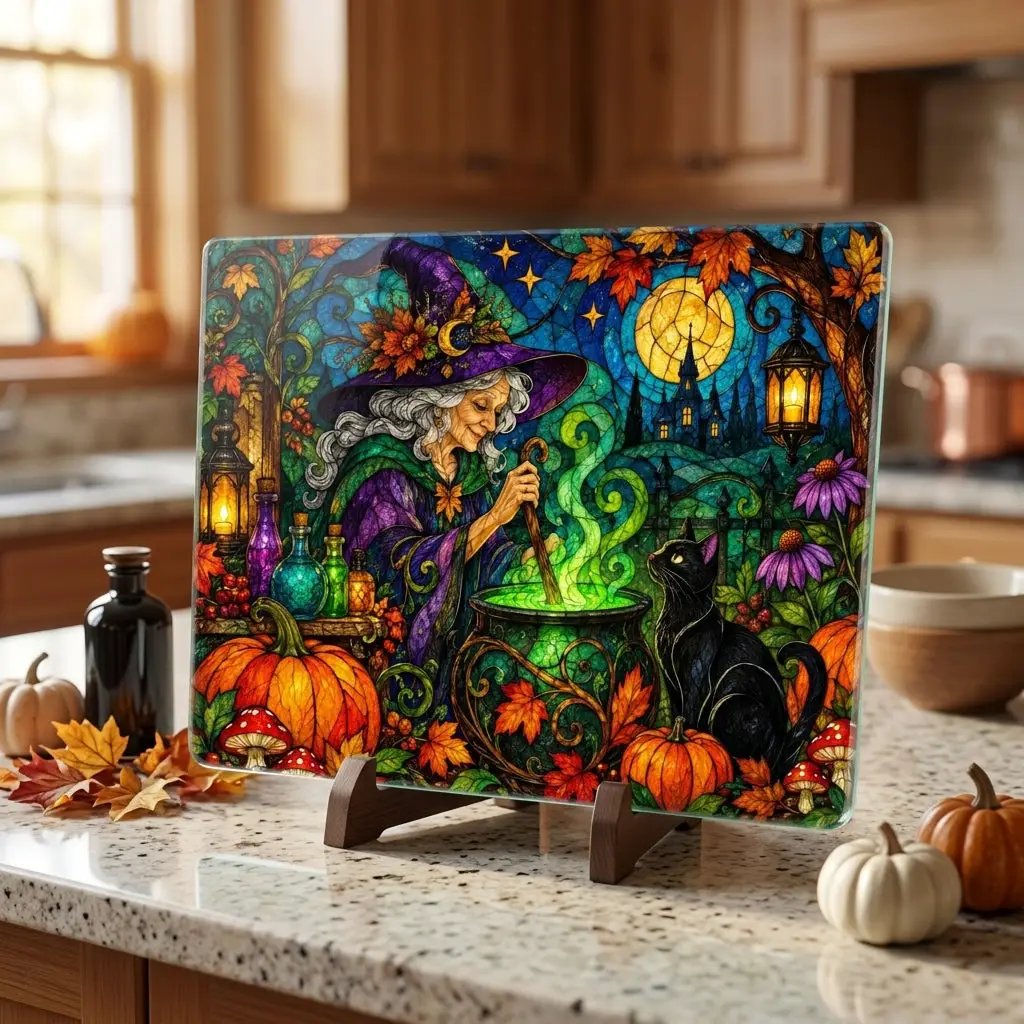 Halloween Witch Cauldron Personalized Glass Cutting Board, Spooky Black Cat Kitchen Decor
