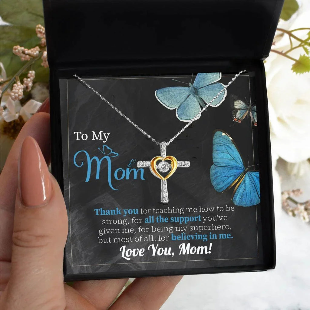 To My Mom Thank you for Believing In Me Cross Pendant Necklace Gift for Mother's Day Birthday