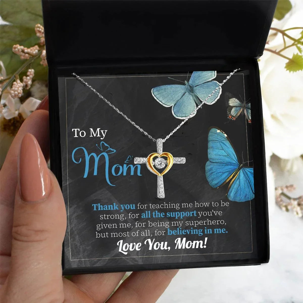 To My Mom Thank you for Believing In Me Cross Pendant Necklace Gift for Mother's Day Birthday