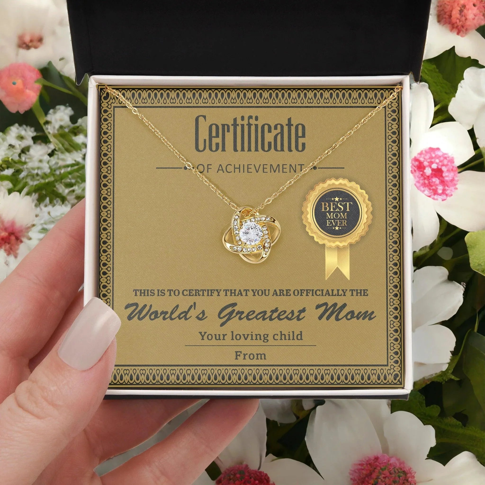 World's Greatest Mom Personalized Certificate of Achievement- Love Knot Necklace