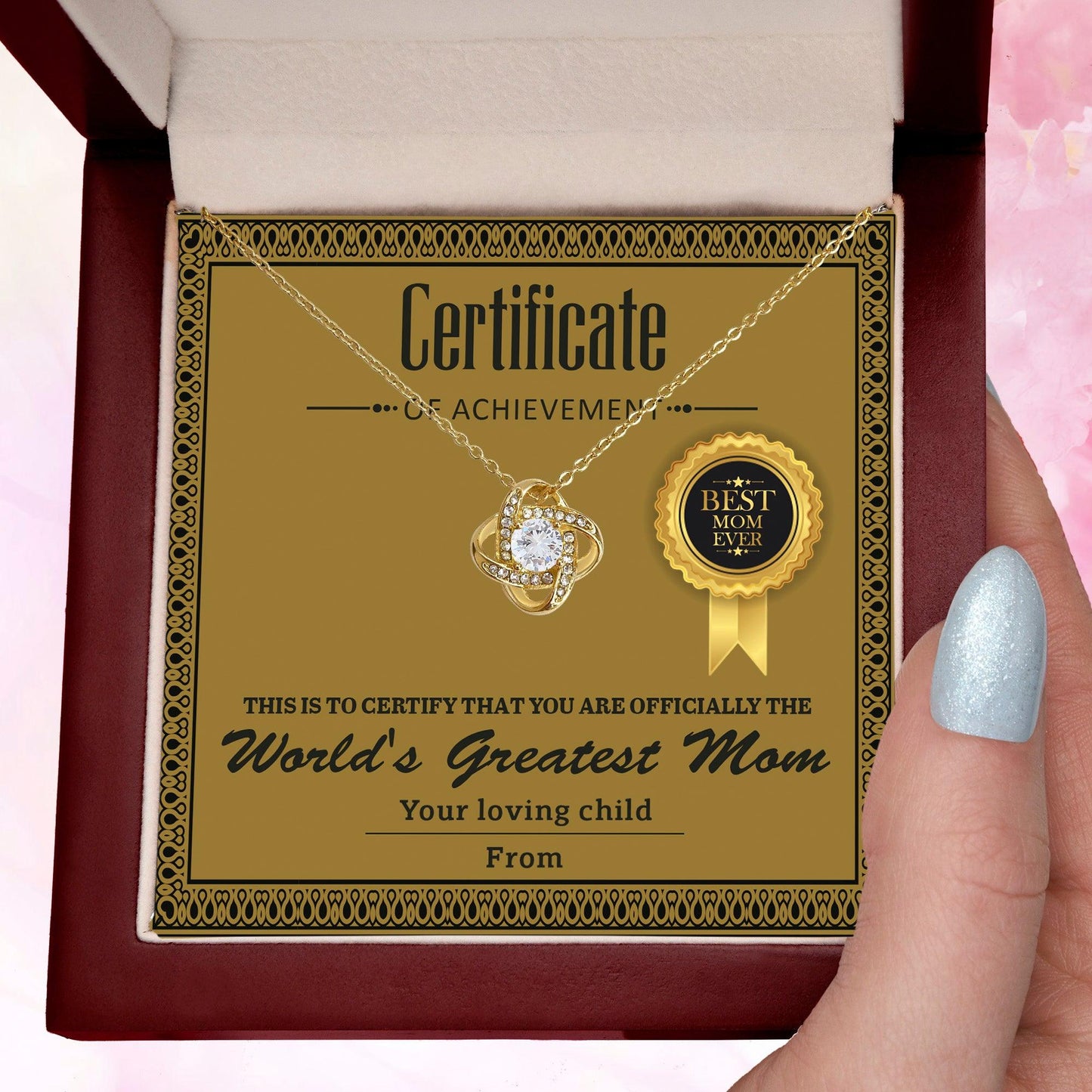 World's Greatest Mom Personalized Certificate of Achievement- Love Knot Necklace - Mallard Moon Gift Shop