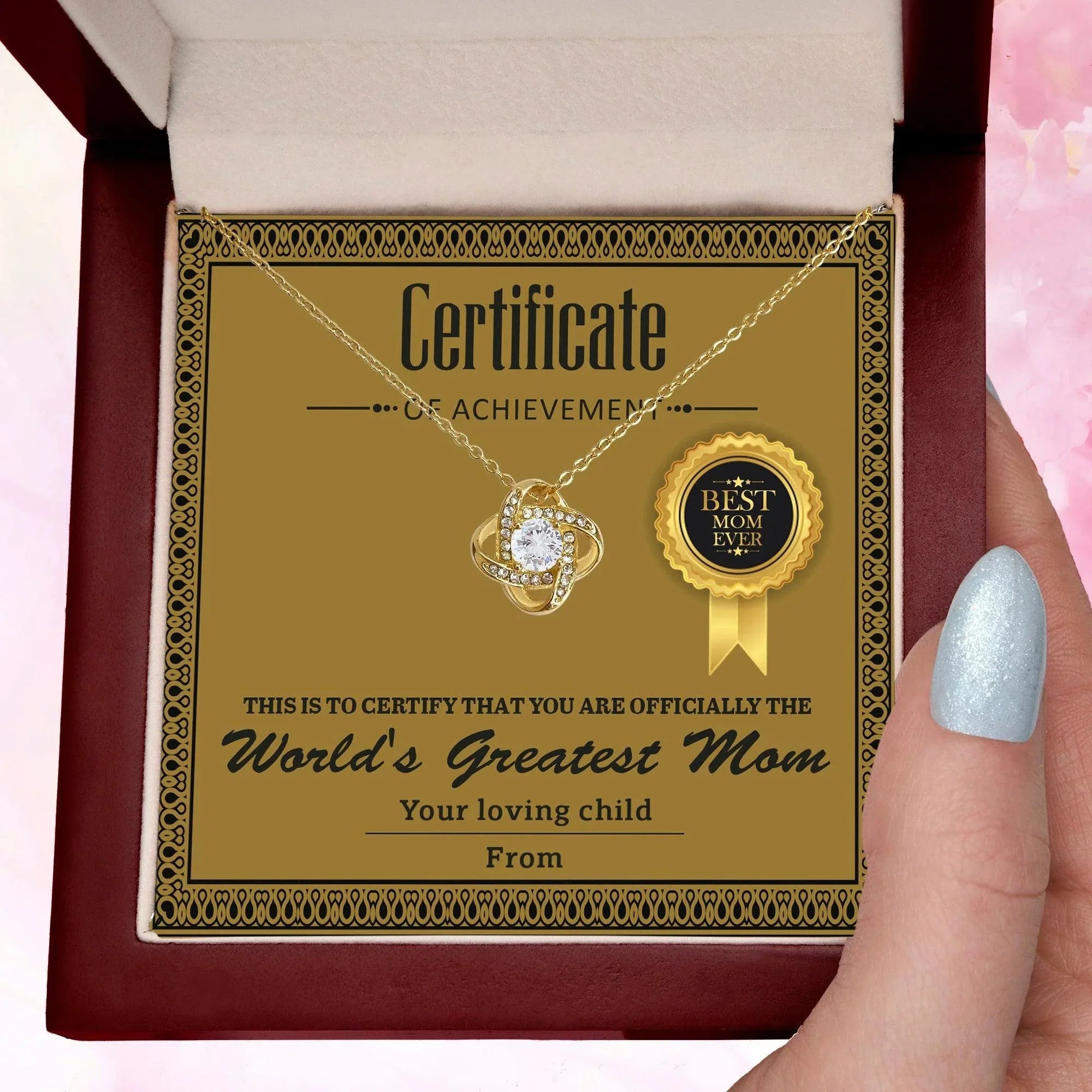 World's Greatest Mom Personalized Certificate of Achievement- Love Knot Necklace