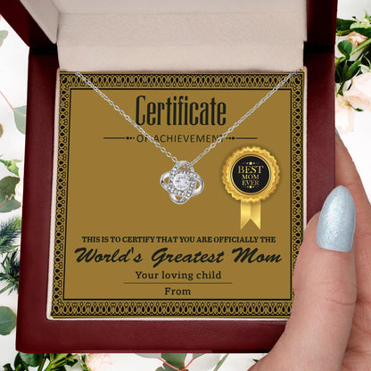 World's Greatest Mom Personalized Certificate of Achievement- Love Knot Necklace - Mallard Moon Gift Shop
