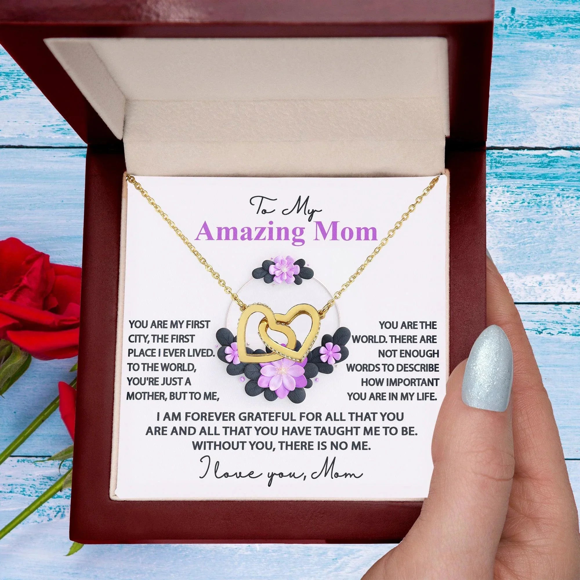 Mom, I am Forever Grateful, Without You, There is No Me - Interlocking Hearts Pendant Necklace Mother's Day, Birthday Gift