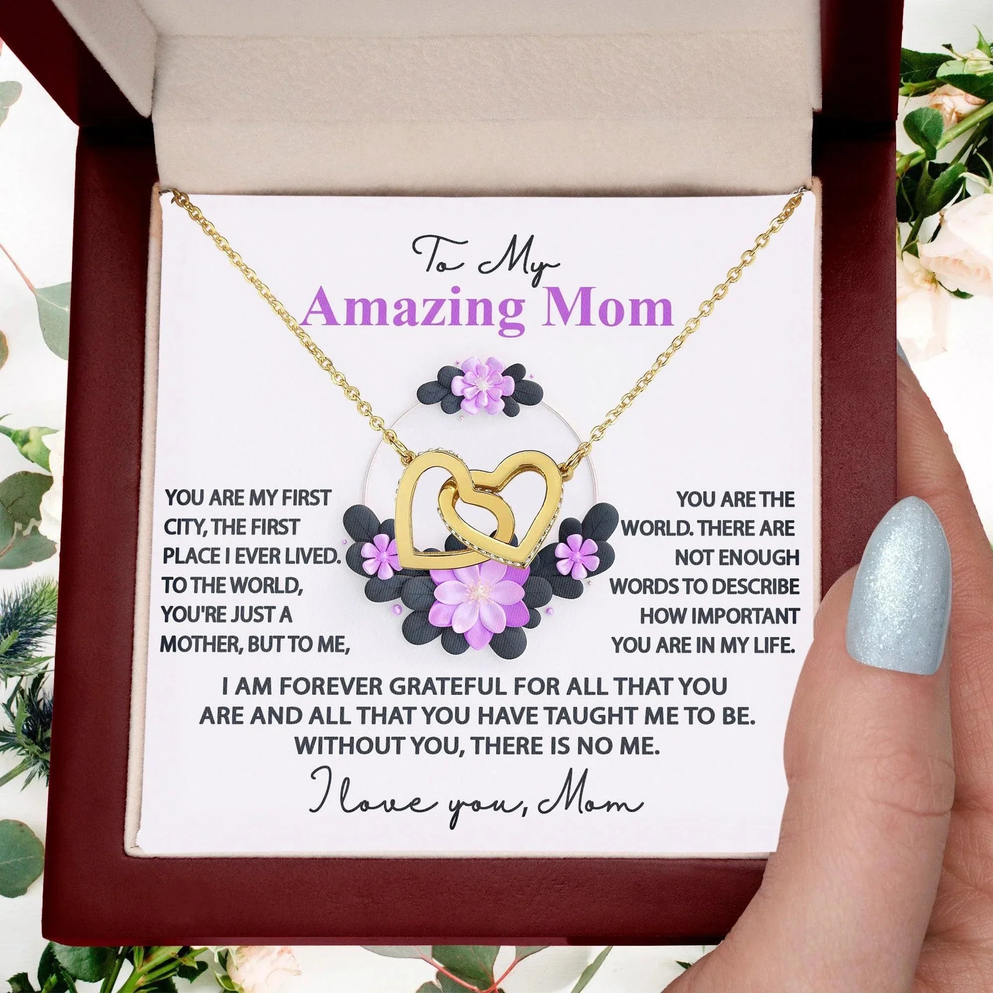 Mom, I am Forever Grateful, Without You, There is No Me - Interlocking Hearts Pendant Necklace Mother's Day, Birthday Gift