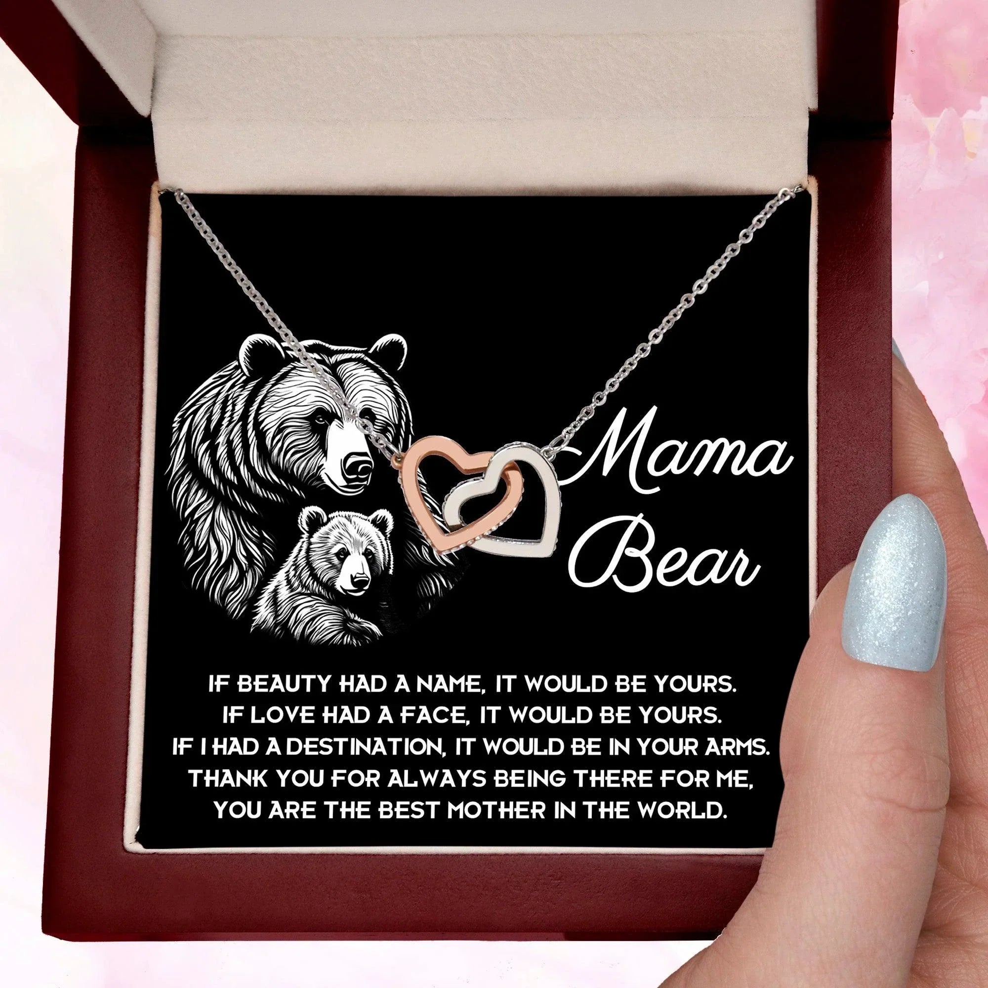 To My Mama Bear My Destination is In Your Arms Interlocking Hearts Necklace