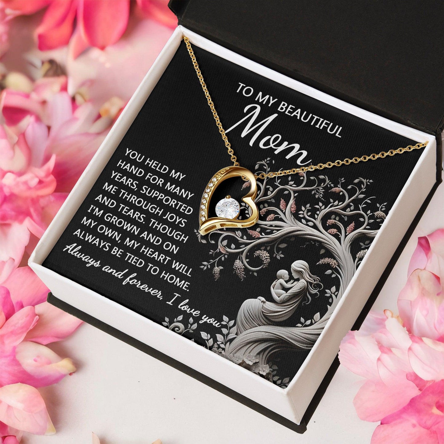 To My Beautiful Mom My Heart Will Always Be Tied to Home Forever Love Heart Pendant Necklace - Mallard Moon Gift Shop