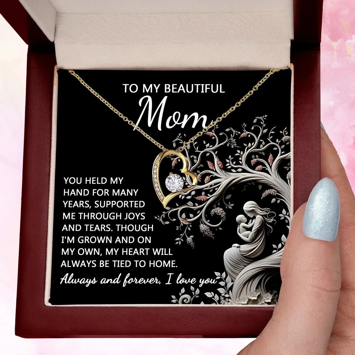 To My Beautiful Mom My Heart Will Always Be Tied to Home Forever Love Heart Pendant Necklace