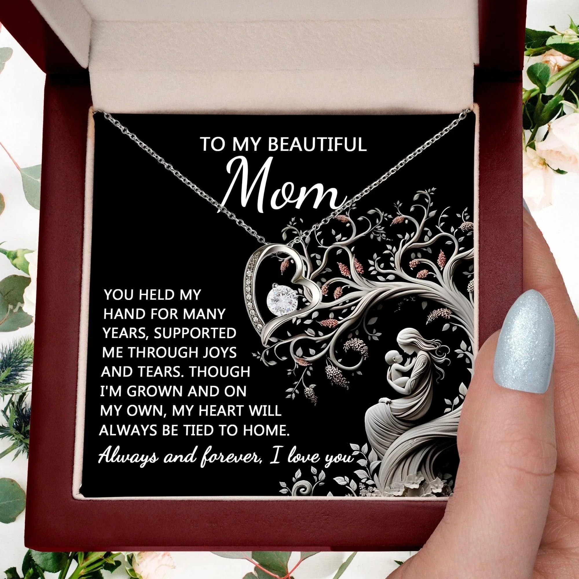To My Beautiful Mom My Heart Will Always Be Tied to Home Forever Love Heart Pendant Necklace