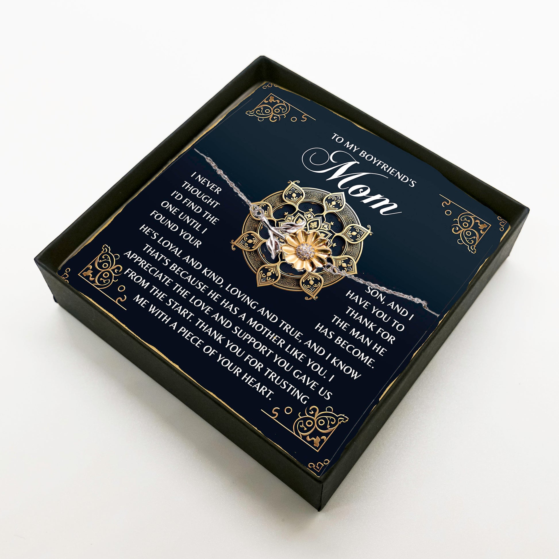 To My Boyfriend's Mom – Thank You for Trusting Me with a Piece of Your Heart – Elegant and Meaningful Sunflower Bracelet Gift - Mallard Moon Gift Shop
