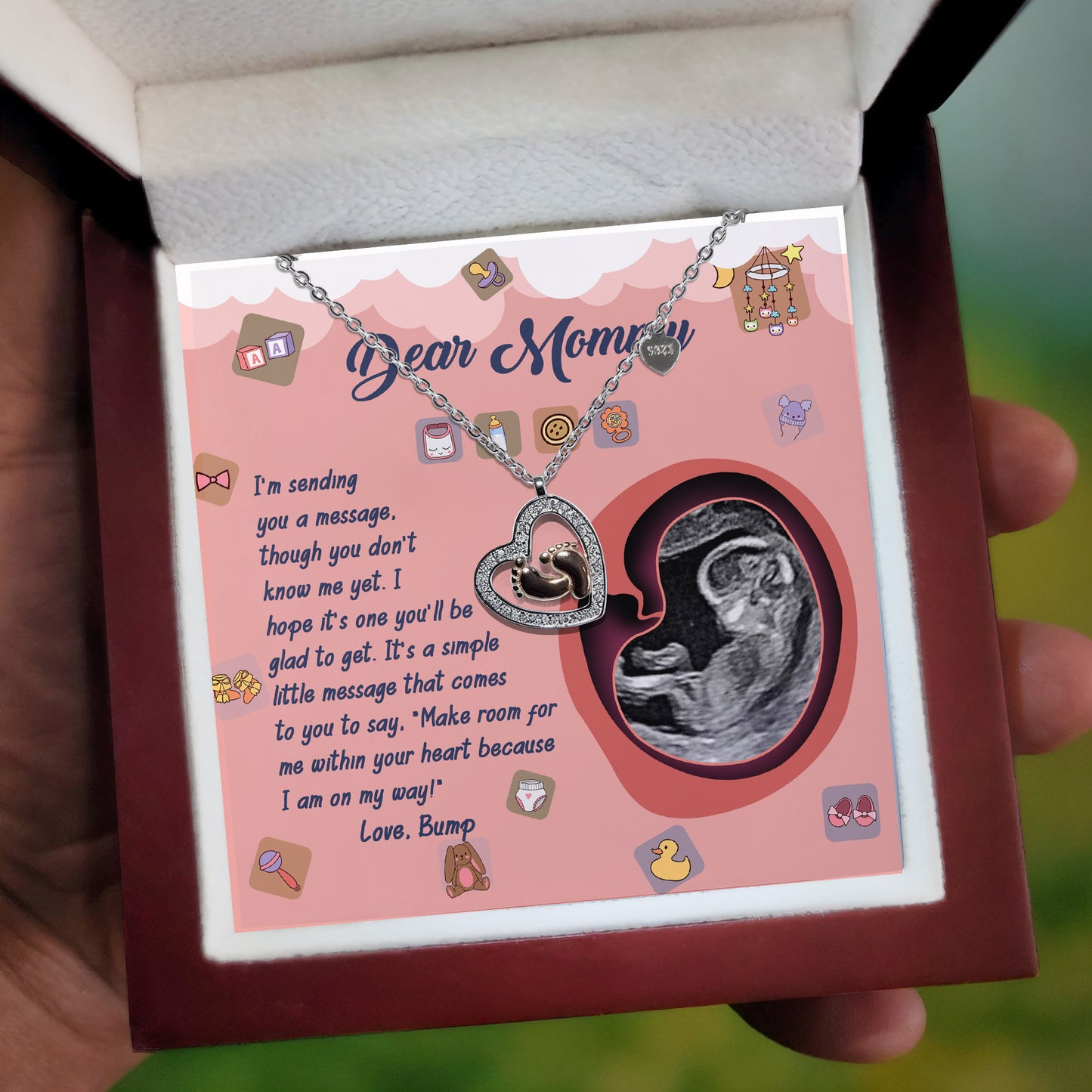 Dear Mommy I Am On My Way Baby Feet Charm Pendant Necklace - Mallard Moon Gift Shop