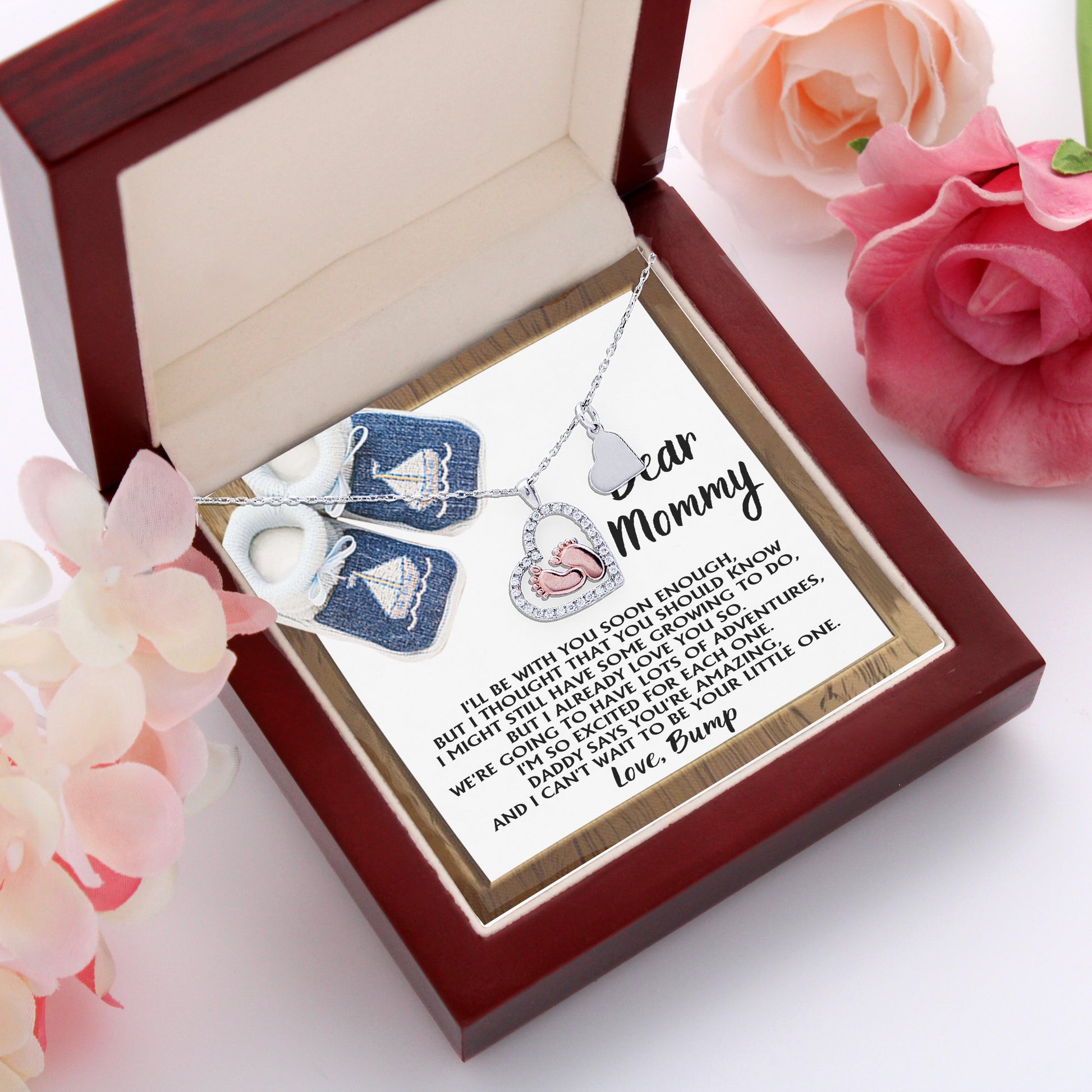 Dear Mommy I Already Love You Pregnancy Baby Feet Charm Necklace Gift for New Mom - Mallard Moon Gift Shop