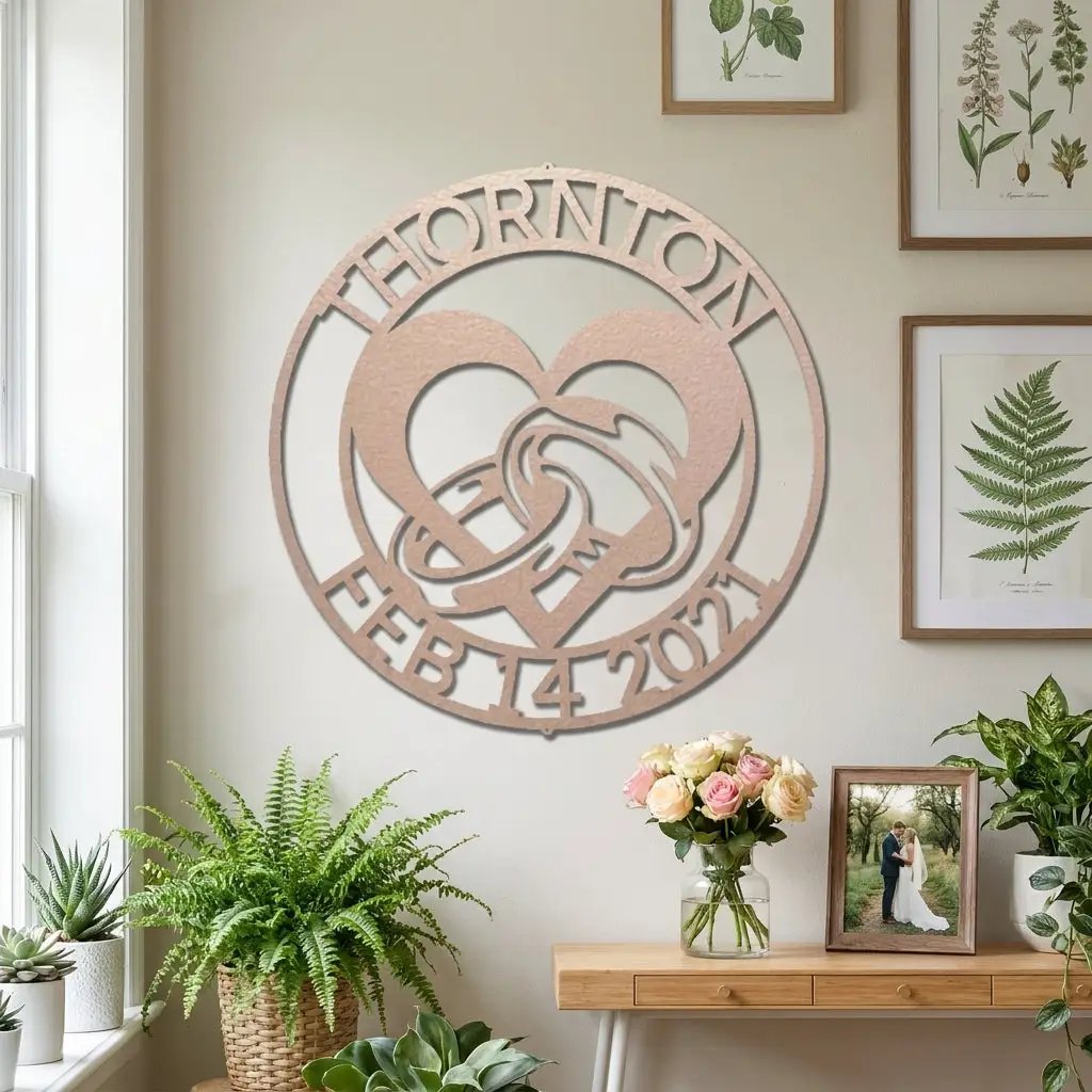 Personalized Engagement Rings Metal Wall Art Sign – Custom Couple Name and Date Steel Decor – Wedding Engagement Gift – Indoor Outdoor Powder Coated Sign