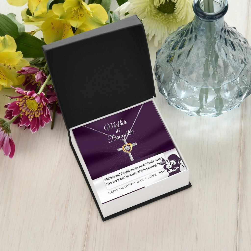 Mother Jewelry Gift - Mother and Daughter Bound by Heart Cross Pendant Necklace