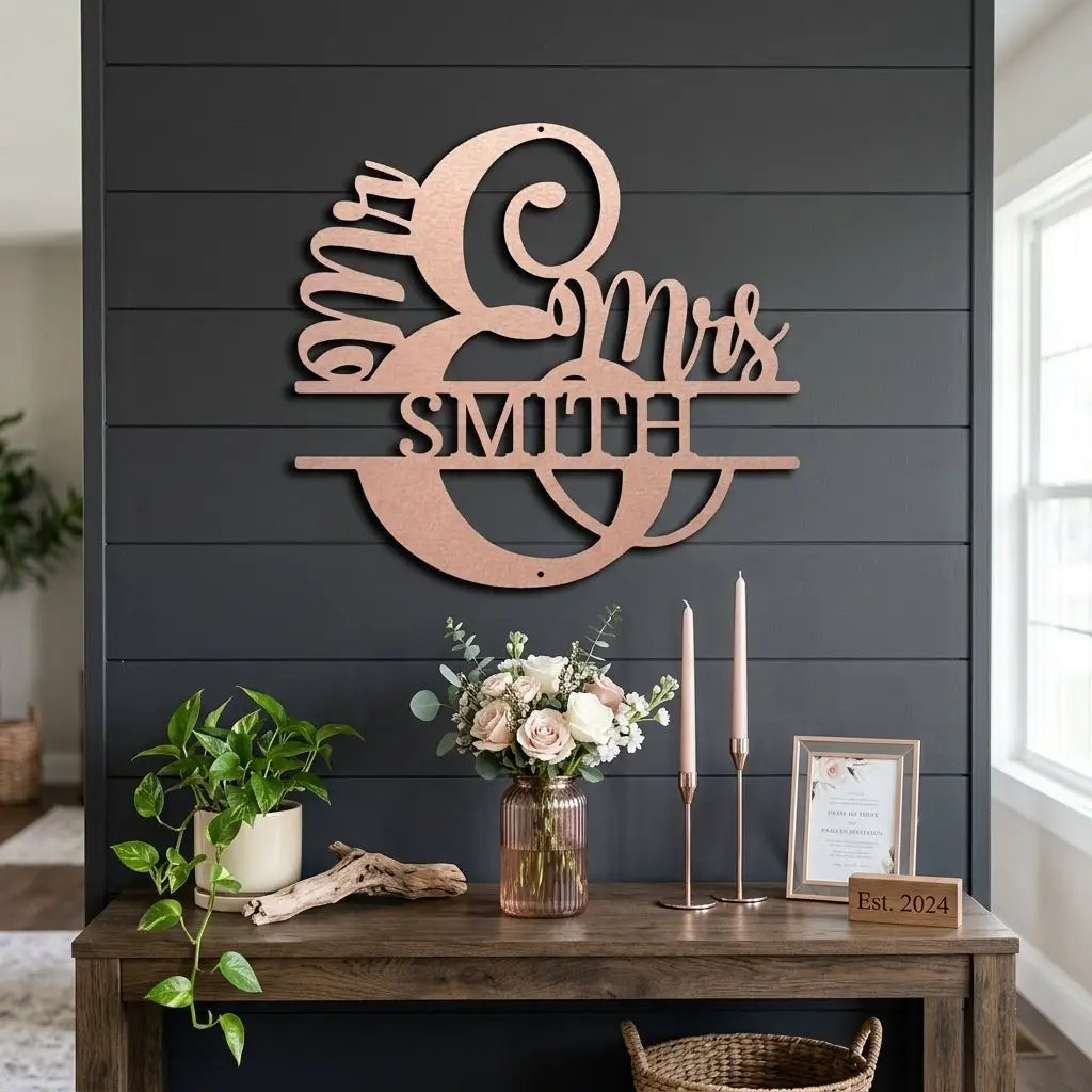 Couples Custom Name Monogram Mr. and Mrs. Steel Wall Sign