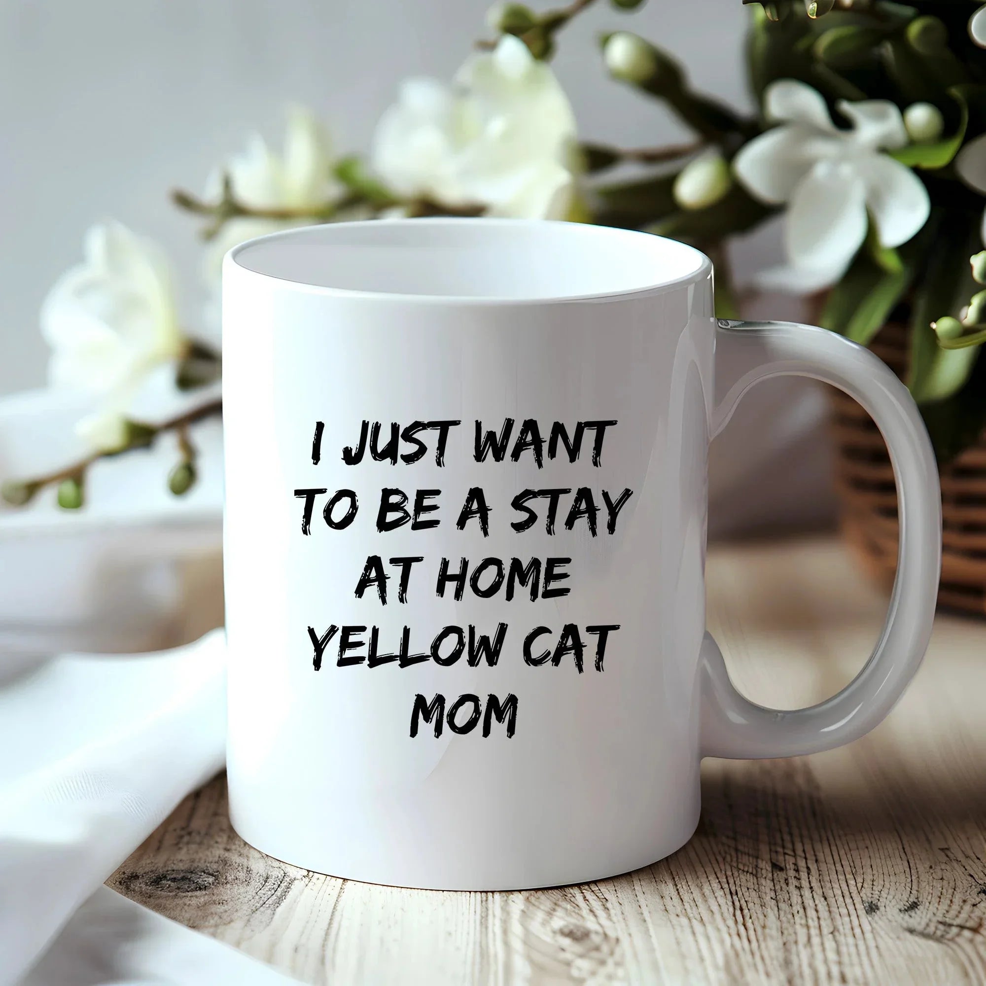 Yellow Cat Lover Mug – Features the Quote “I Just Want to Be a Stay at Home Yellow Cat Mom” – White Ceramic Coffee Cup