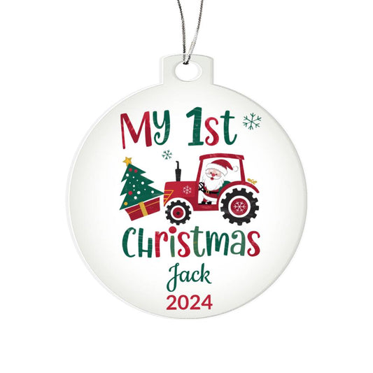 My First Christmas Santa in Tractor Personalized Acrylic Ornament - Mallard Moon Gift Shop