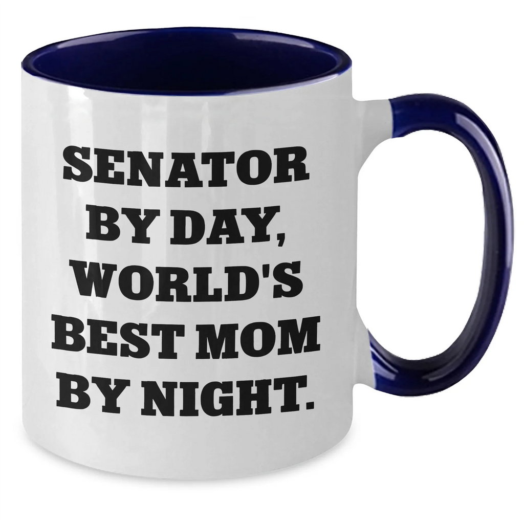 Funny Senator Gifts - Senator By Day, World's Best Mom By Night. Two Tone Coffee Mug for Dad's, Men, Family, Father's Day, and More