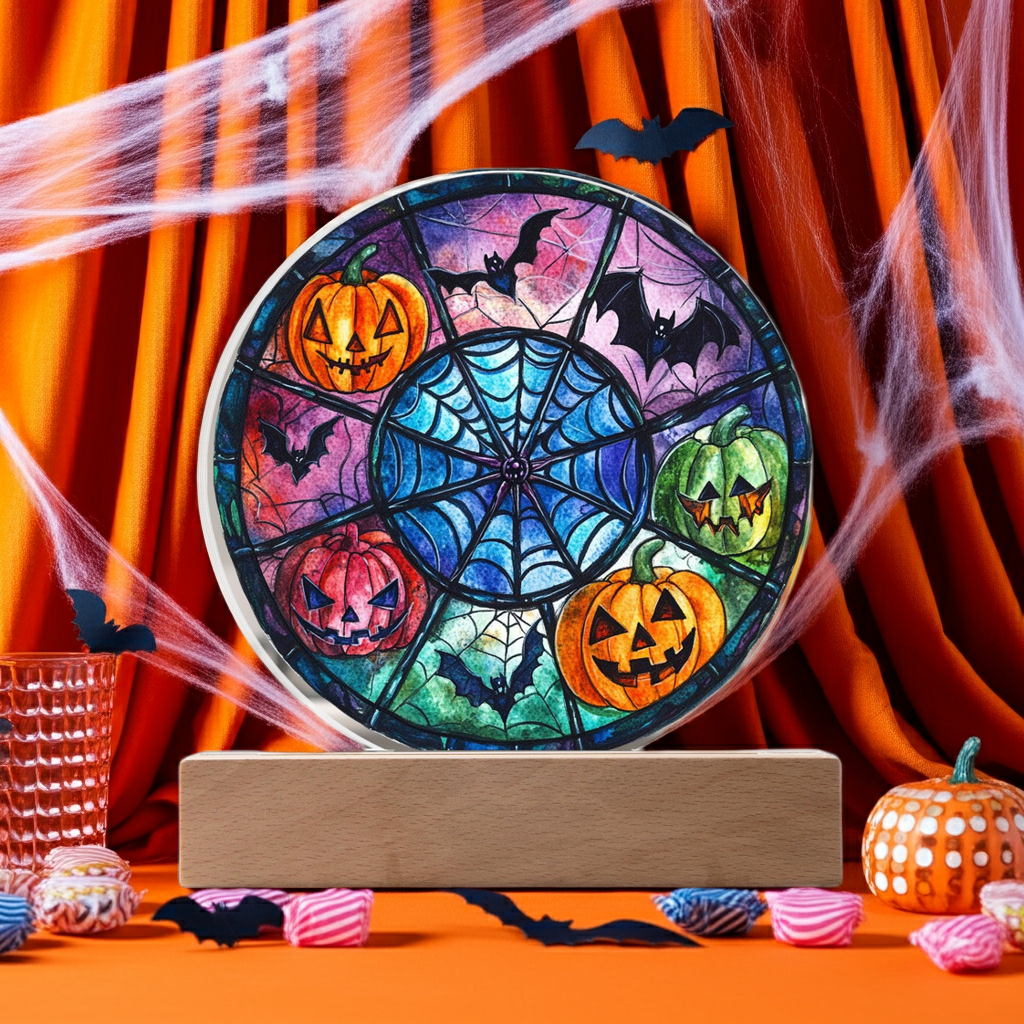 Spooky Halloween Decor Round Acrylic Plaque with Lighted LED Wooden Base - Mallard Moon