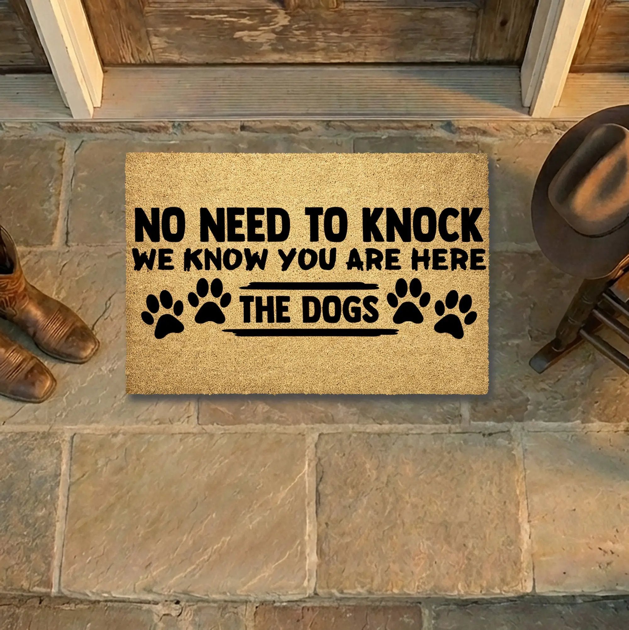 Funny Dog Lover Doormat – “No Need to Knock, We Know You Are Here – The Dogs” | Coir Welcome Mat for Pet Owners | Cute & Humorous Front Porch Décor