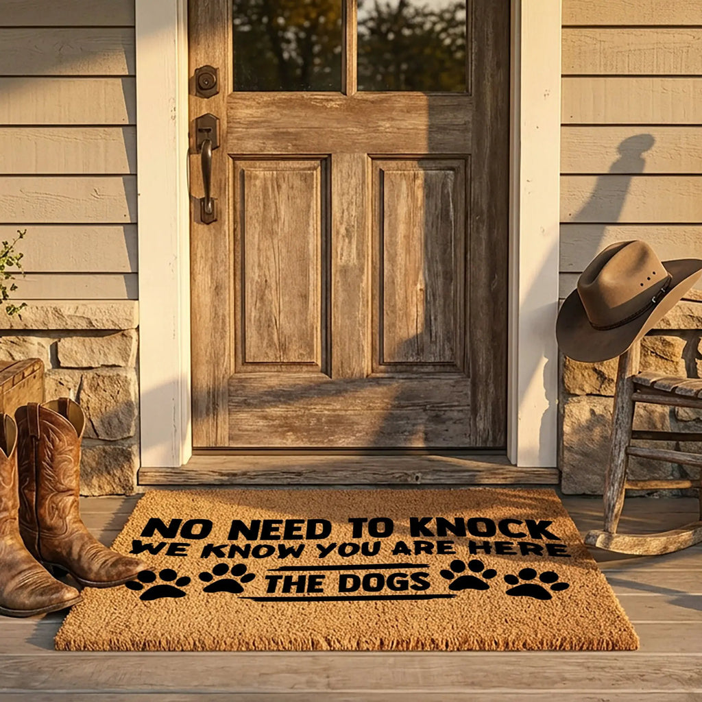 Funny Dog Lover Doormat – “No Need to Knock, We Know You Are Here – The Dogs” | Coir Welcome Mat for Pet Owners | Cute & Humorous Front Porch Décor