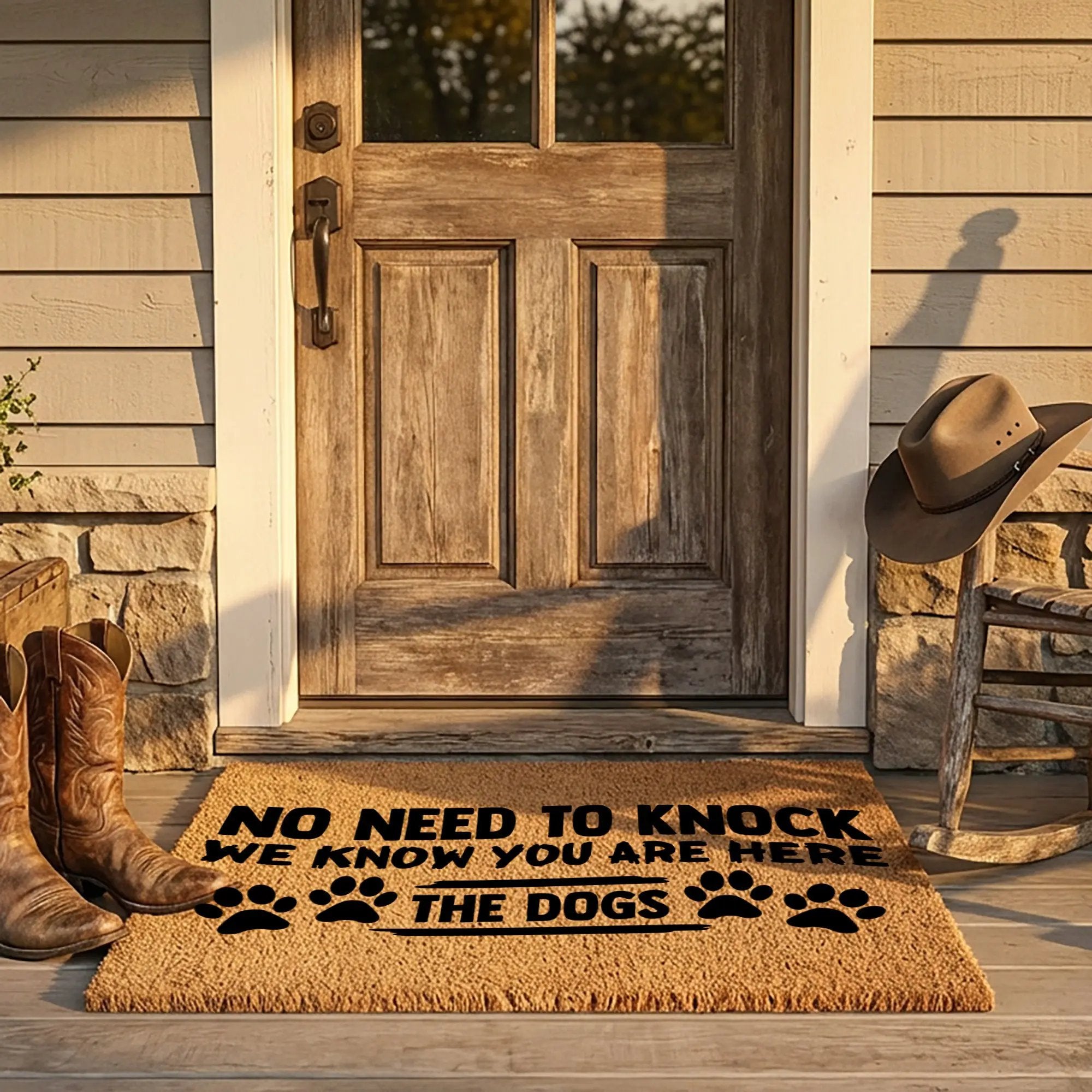 Funny Dog Lover Doormat – “No Need to Knock, We Know You Are Here – The Dogs” | Coir Welcome Mat for Pet Owners | Cute & Humorous Front Porch Décor