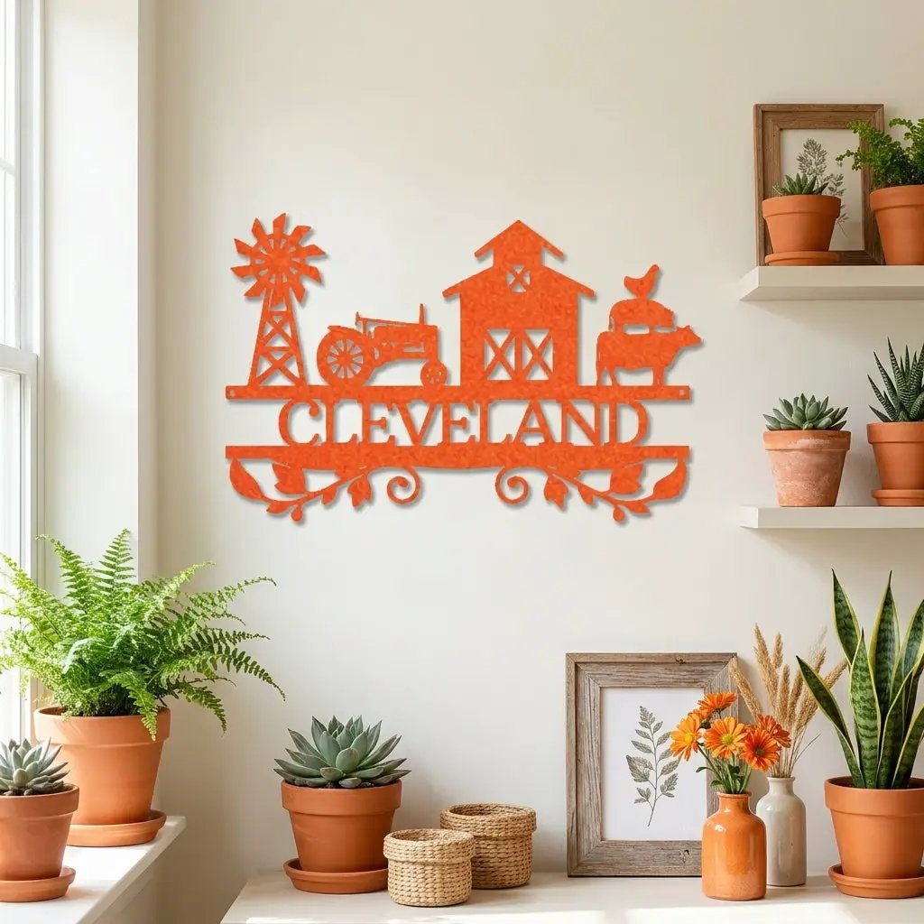 Personalized Barn & Tractor Steel Wall Art - Custom Farm Name Metal Sign