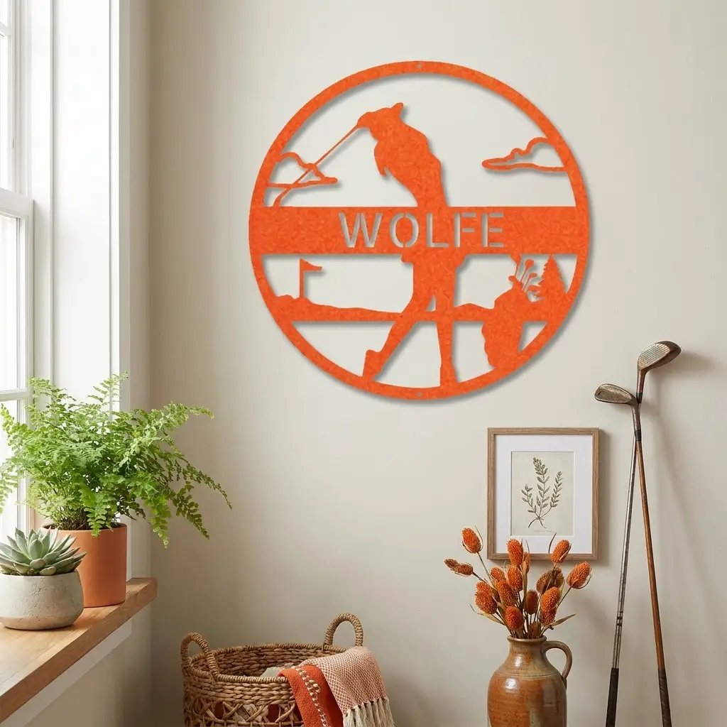 Custom Female Golfer Metal Sign – Personalized Name Wall Art – Round Golf Scene – Laser Cut Steel