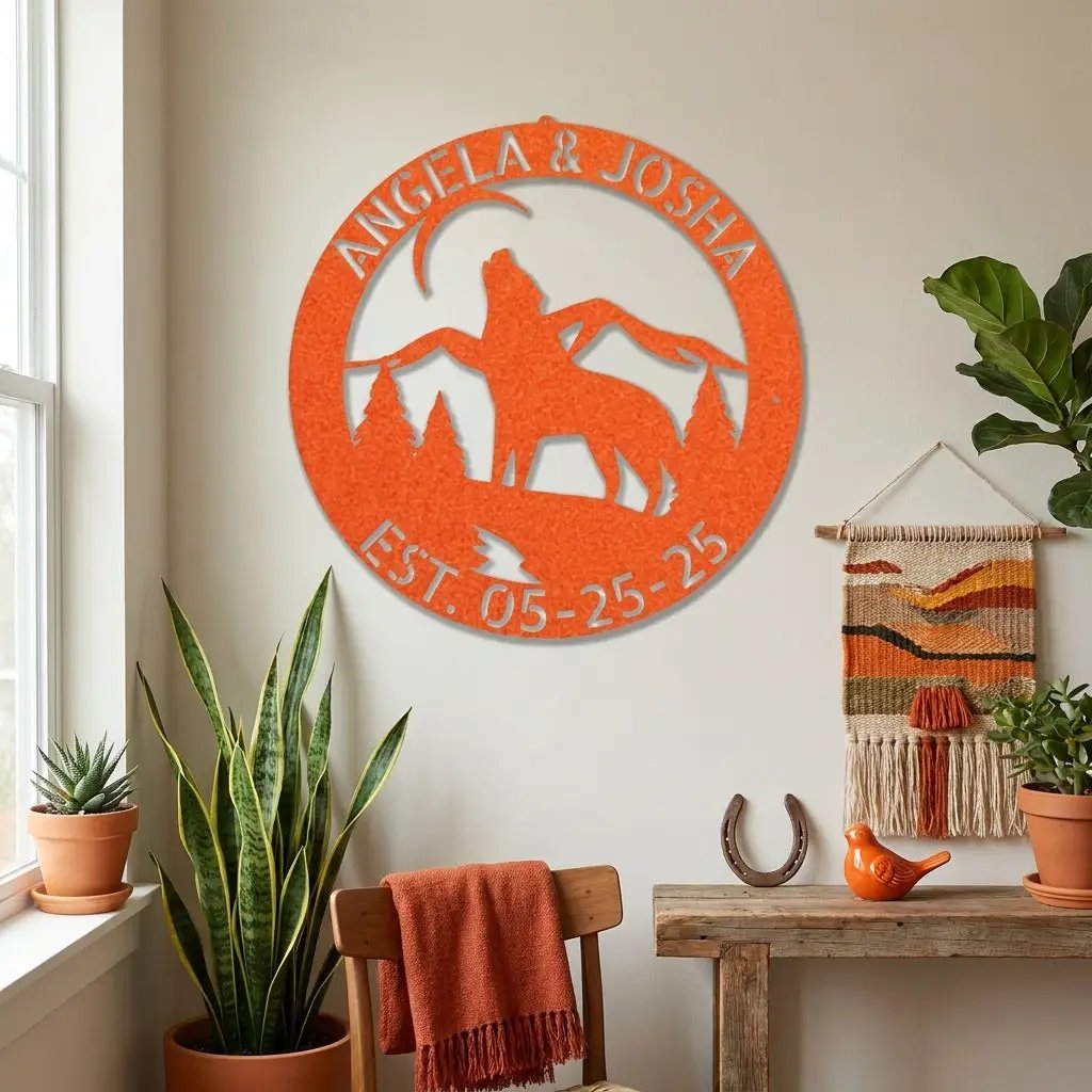 Personalized Howling Wolf Metal Wall Art Sign - Custom Name Laser Cut Decor for Home, Cabin, Lodge - Unique Rustic Wildlife Gift