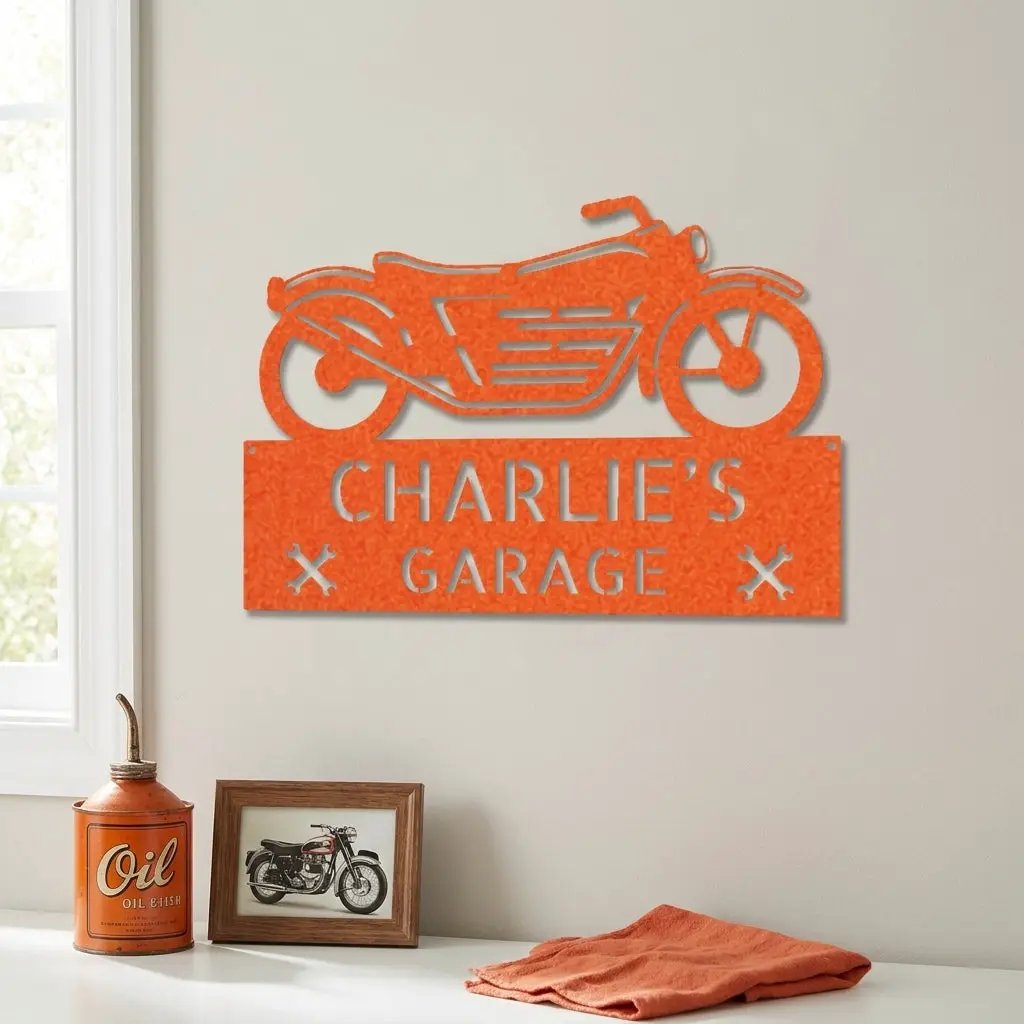 Personalized Motorcycle Garage Metal Sign – Custom Biker Wall Art – Garage Decor – Gift for Dad