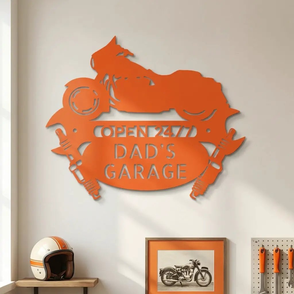 Personalized Motorcycle Garage Metal Sign, Custom Dad Garage Decor, Biker Wall Art, Man Cave Gift, Mechanic Shop Sign, Fathers Day Gift Idea