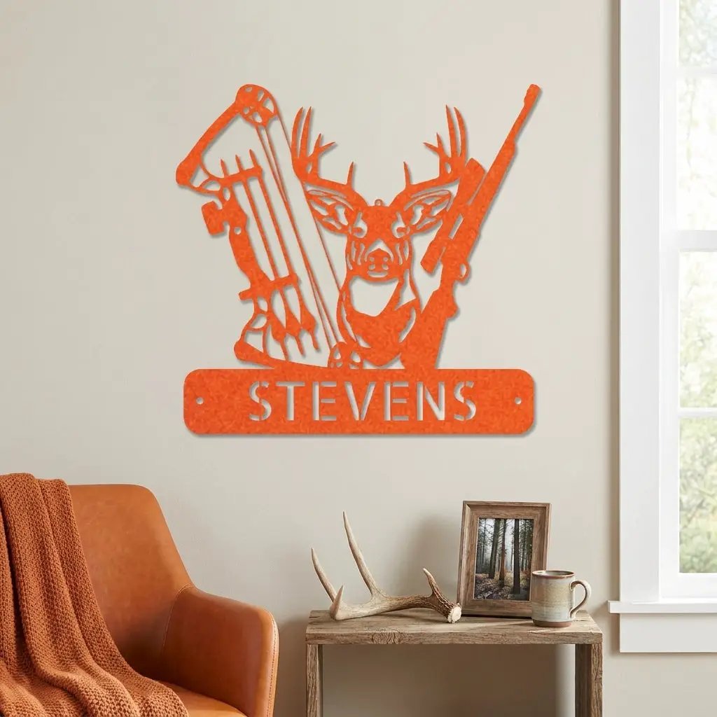 Personalized Deer Hunting Metal Wall Art Custom Hunter Name Sign Buck Head Bow Rifle Decor Rustic Cabin Hunting Gift Outdoor Wall Decor