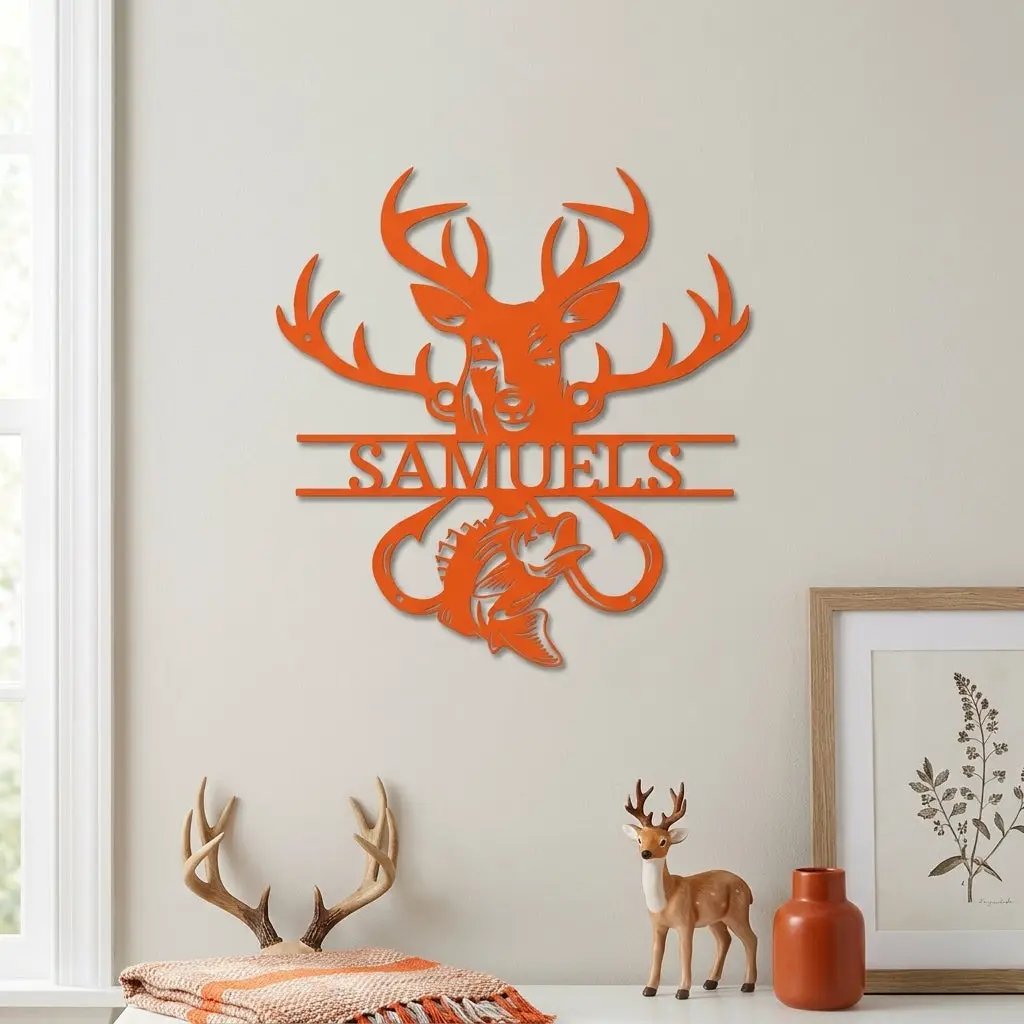 Outdoorsman Custom Metal Wall Art Deer Hunting and Bass Fishing Sign Custom Name Rustic Cabin Decor Hunter Fisherman Gift