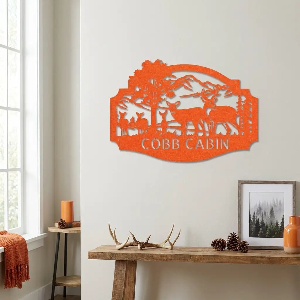 Personalized Deer Cabin Metal Wall Art – Rustic Family Name Sign – Hunting Lodge Decor – Custom Mountain Scene Steel Sign – Cabin Wall Decor Gift