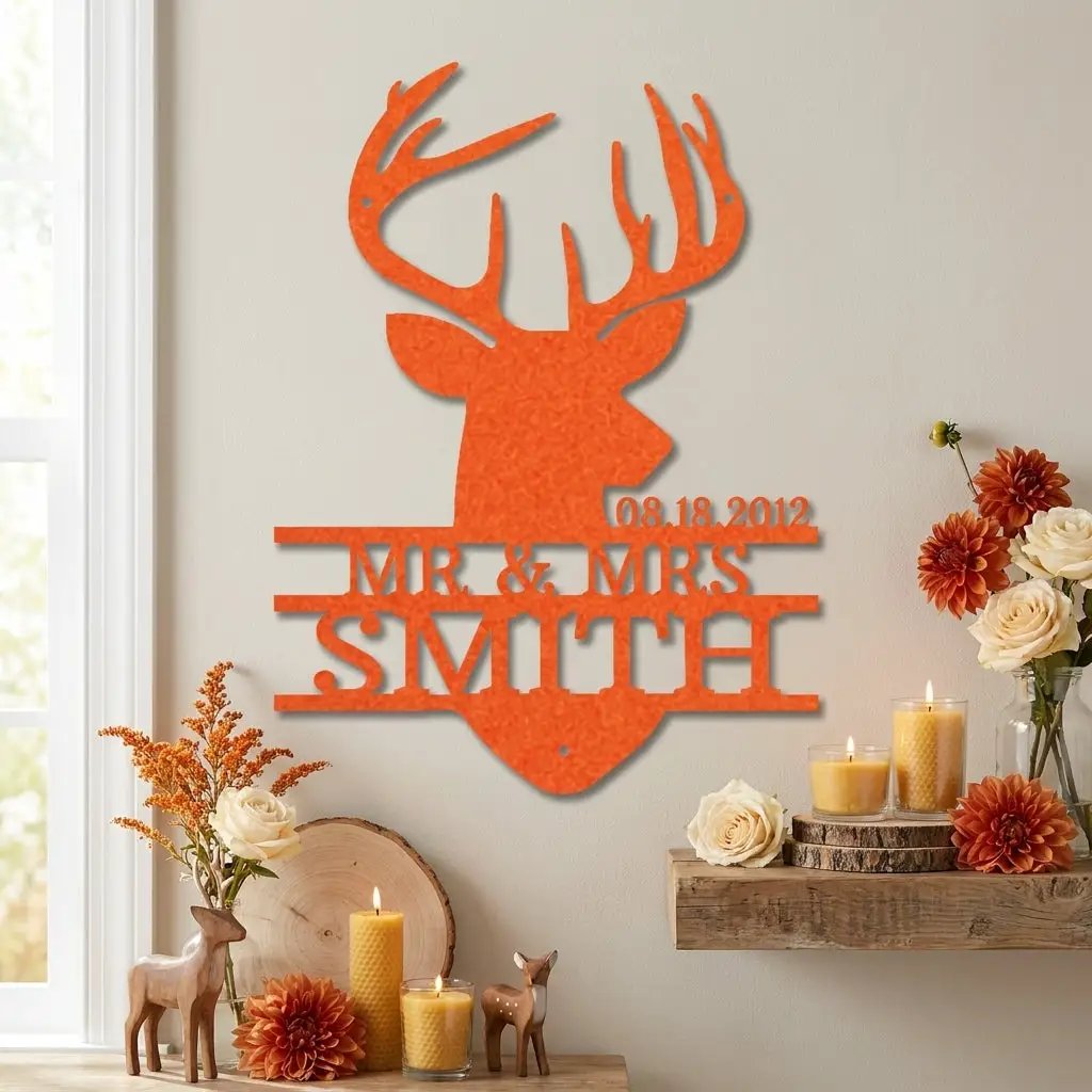 Personalized Deer Head Metal Sign, Mr & Mrs Name Sign, Wedding Gift, Anniversary Gift 25th 50th, Custom Last Name Wall Decor, Rustic Lodge Decor