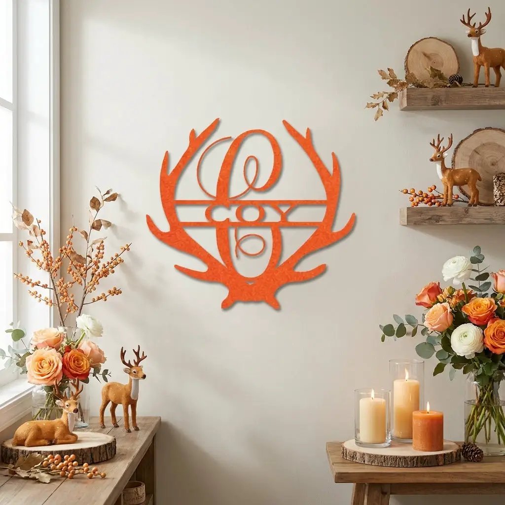 Personalized Deer Antler Family Name Metal Sign – Rustic Last Name Monogram Wall Art – Cabin Lodge Decor Gift