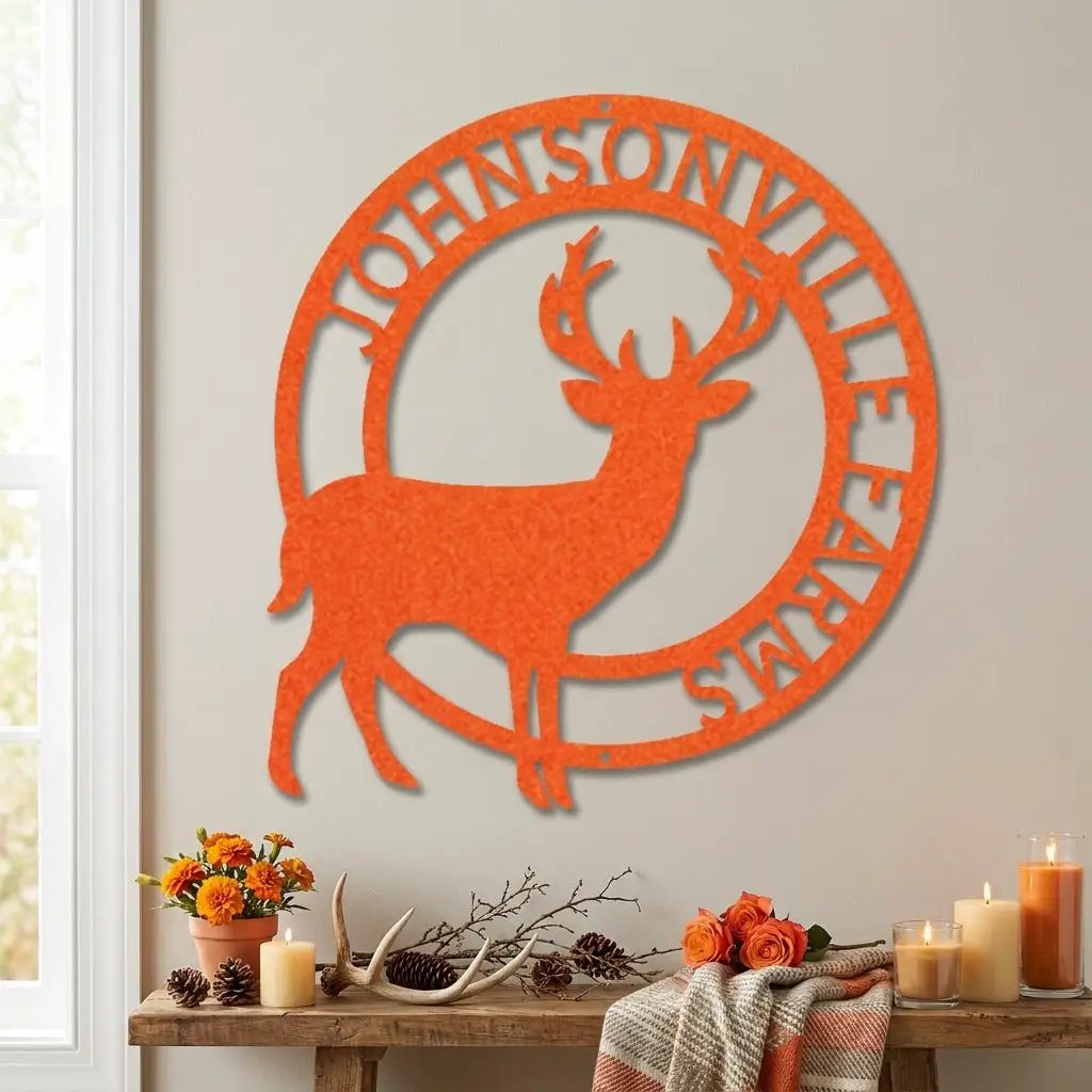 Personalized Deer Family Name Metal Sign – Custom Last Name Circle Wall Art – Rustic Farmhouse Home Decor Gift