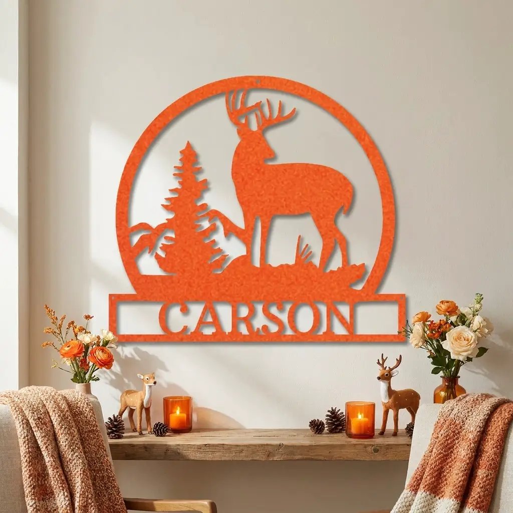 Personalized Deer Scene Metal Sign – Custom Last Name Wall Art – Rustic Cabin Forest Decor Gift