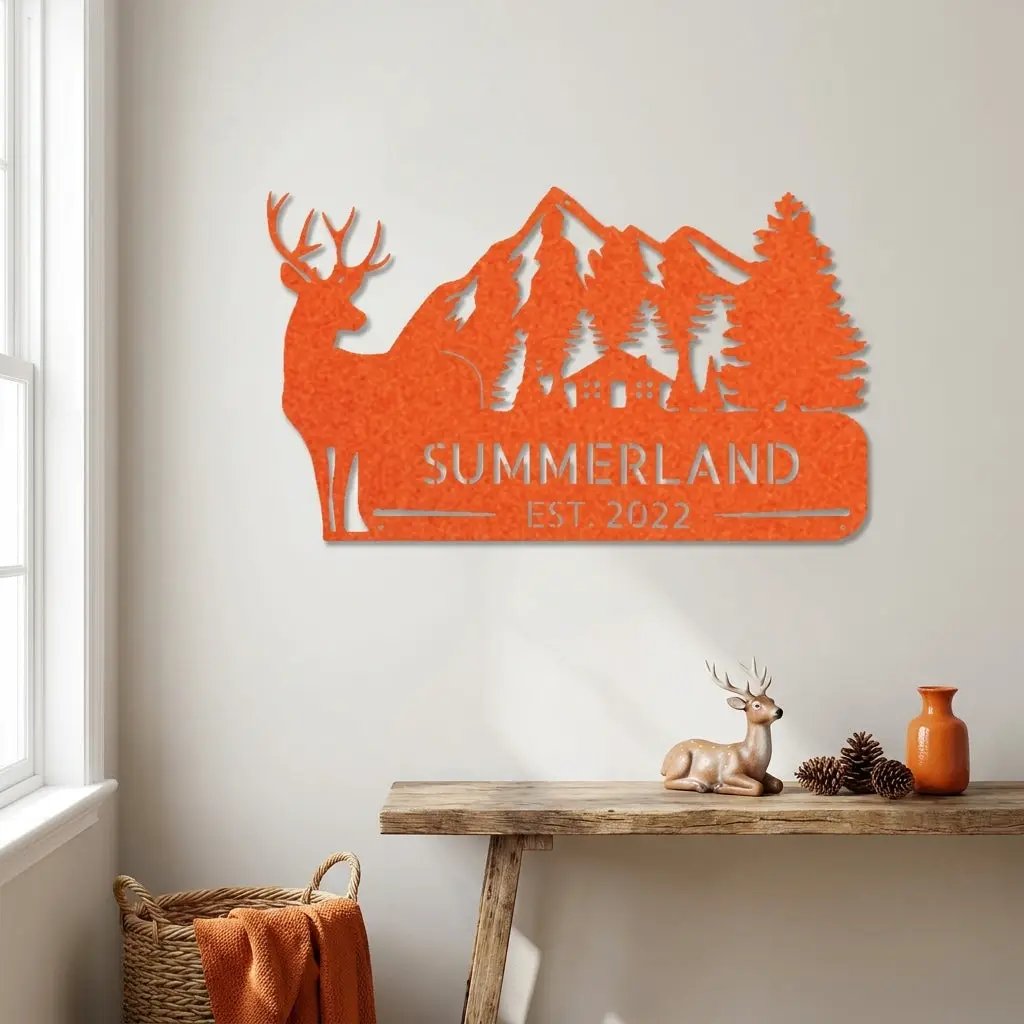 Personalized Deer Mountain Cabin Metal Sign – Custom Family Name Wilderness Wall Art – Rustic Lodge Decor with Trees & Mountains