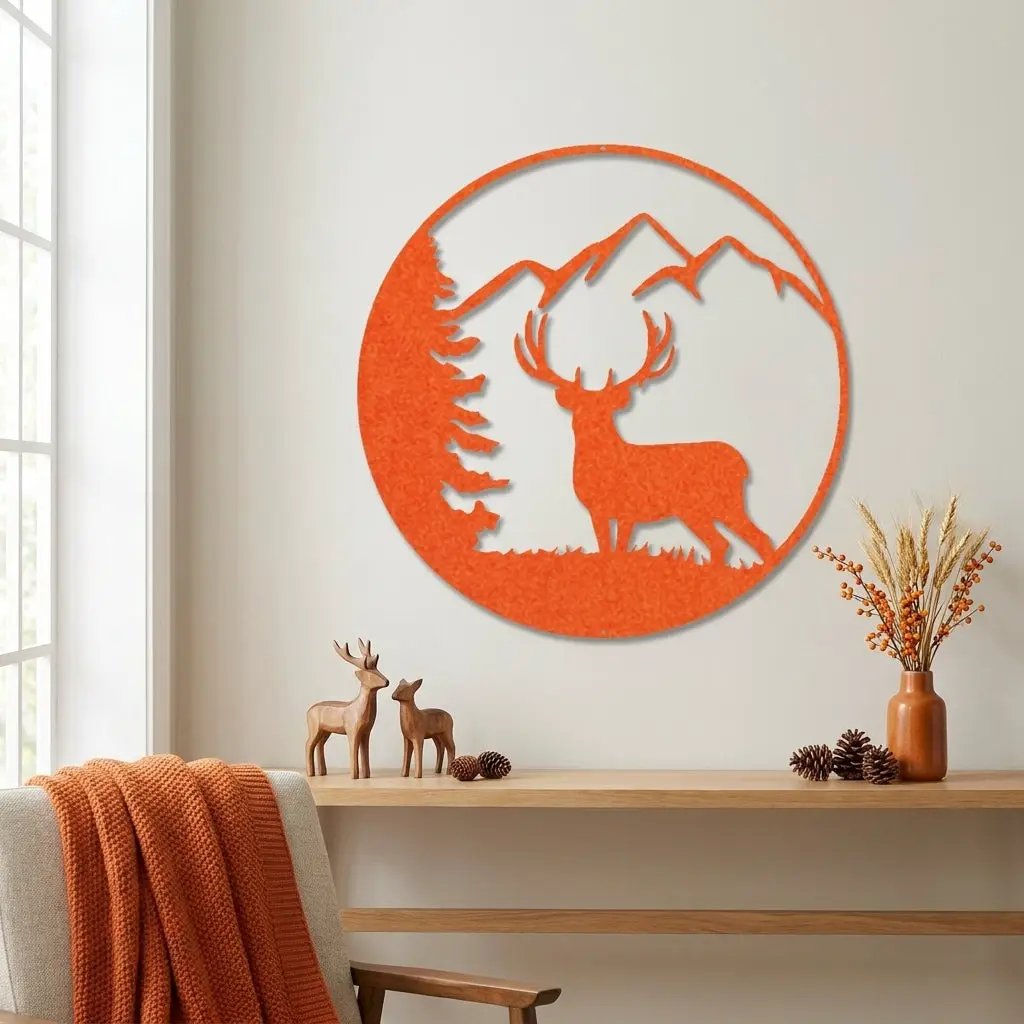Deer Mountain Metal Wall Art – Rustic Wildlife Circle Sign – Forest & Cabin Lodge Decor – Stag Silhouette Steel Wall Hanging