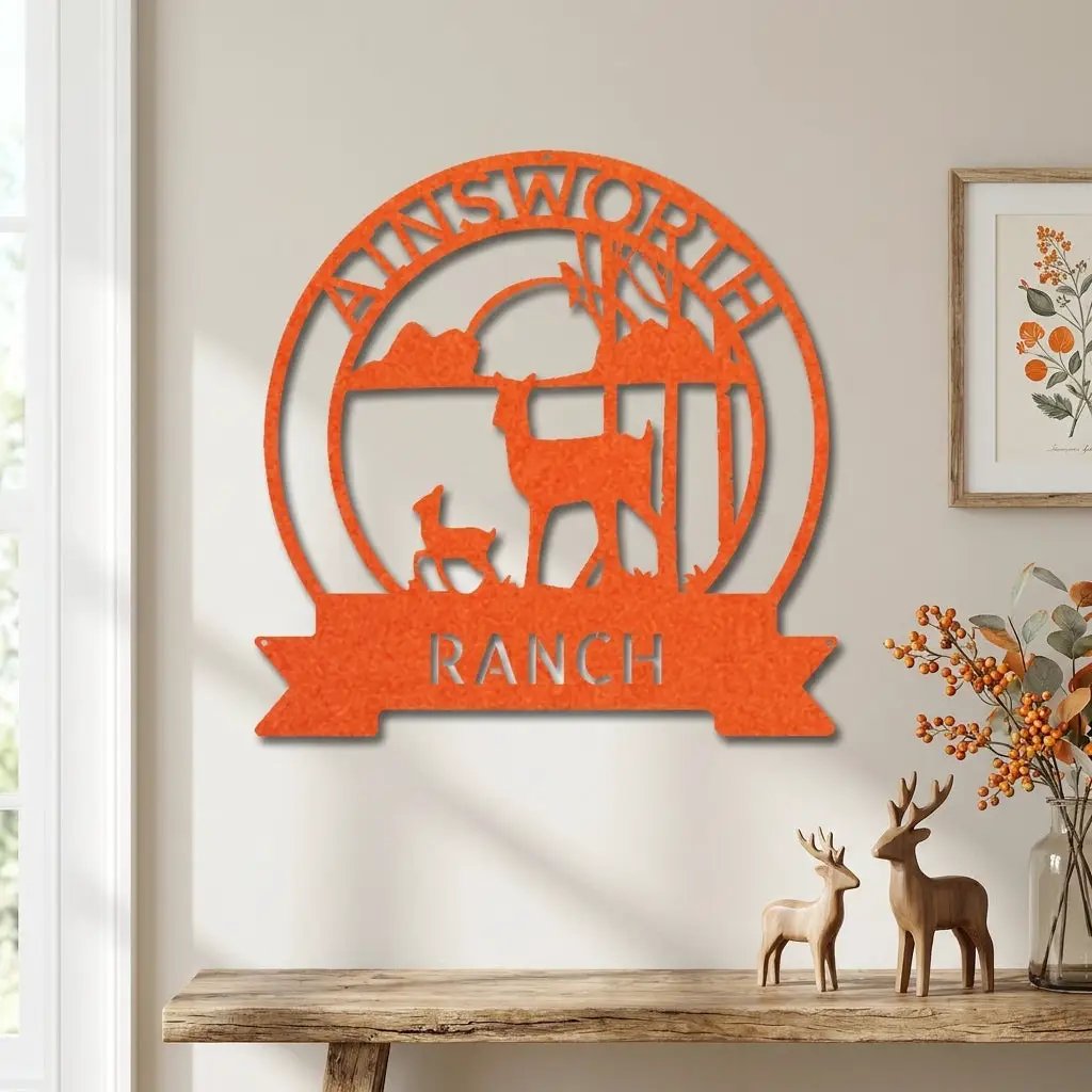 Personalized Deer Ranch Metal Sign – Doe & Fawn Sunset Wall Art – Custom Family Name & Ranch Name Sign – Rustic Farmhouse Lodge Decor