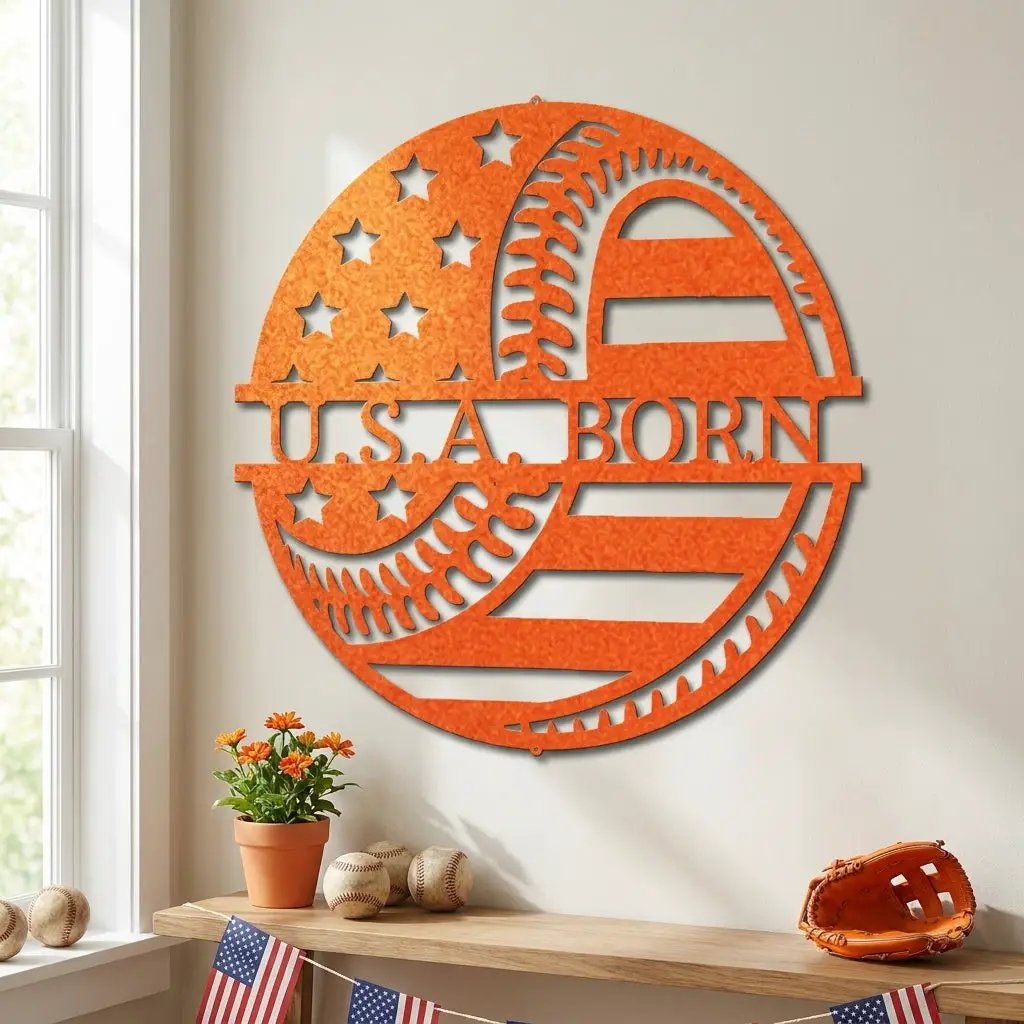 Baseball American Flag Custom Name Metal Art Wall Sign