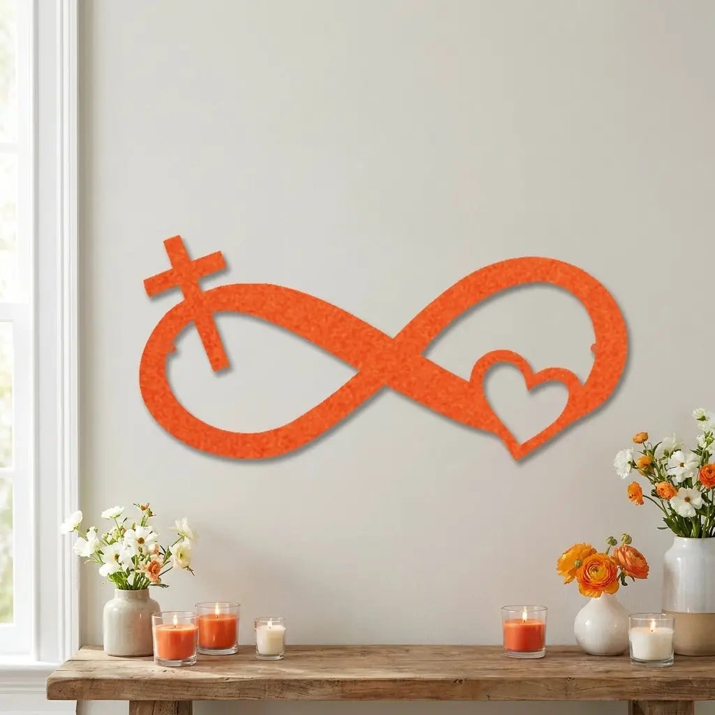 Infinity Cross and Heart Metal Wall Art – Christian Faith Inspired Indoor/Outdoor Sign – Laser Cut Powder-Coated Steel, Elegant Religious Home Décor (Multiple Sizes & Colors)